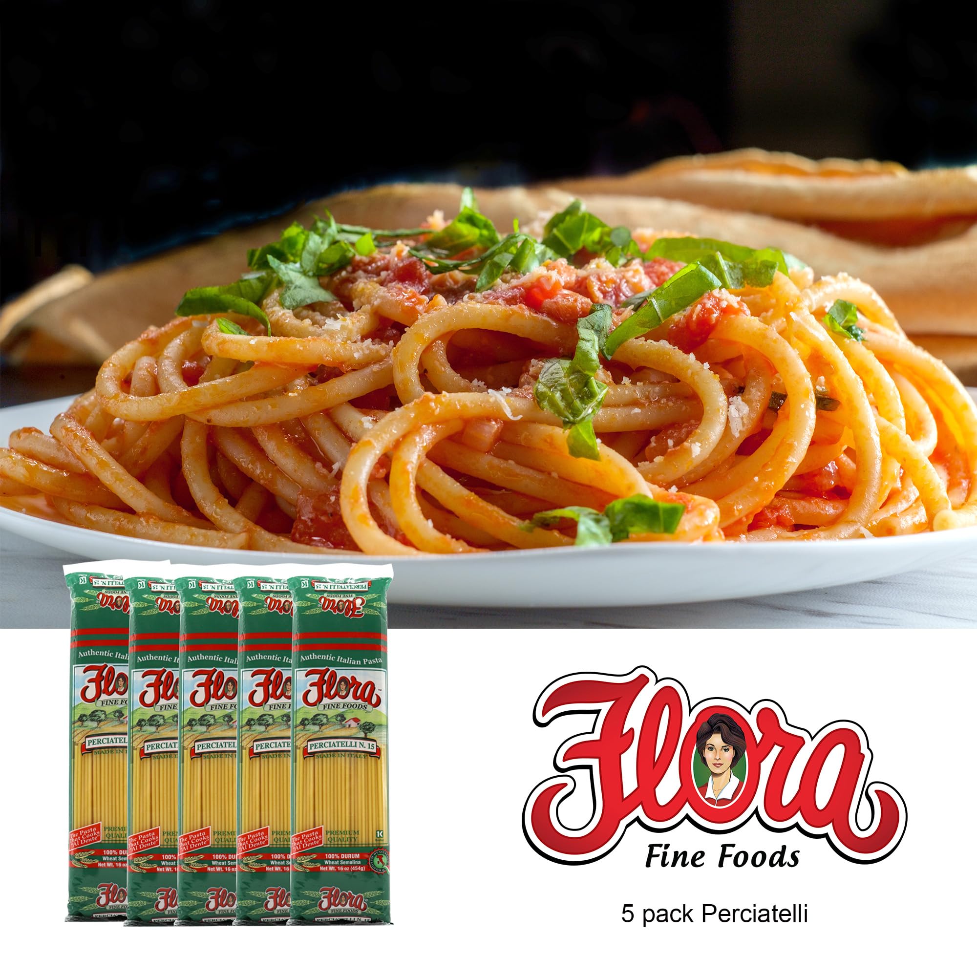 Flora Fine Foods cooked perciatelli on plate capturing sauce retention benefit