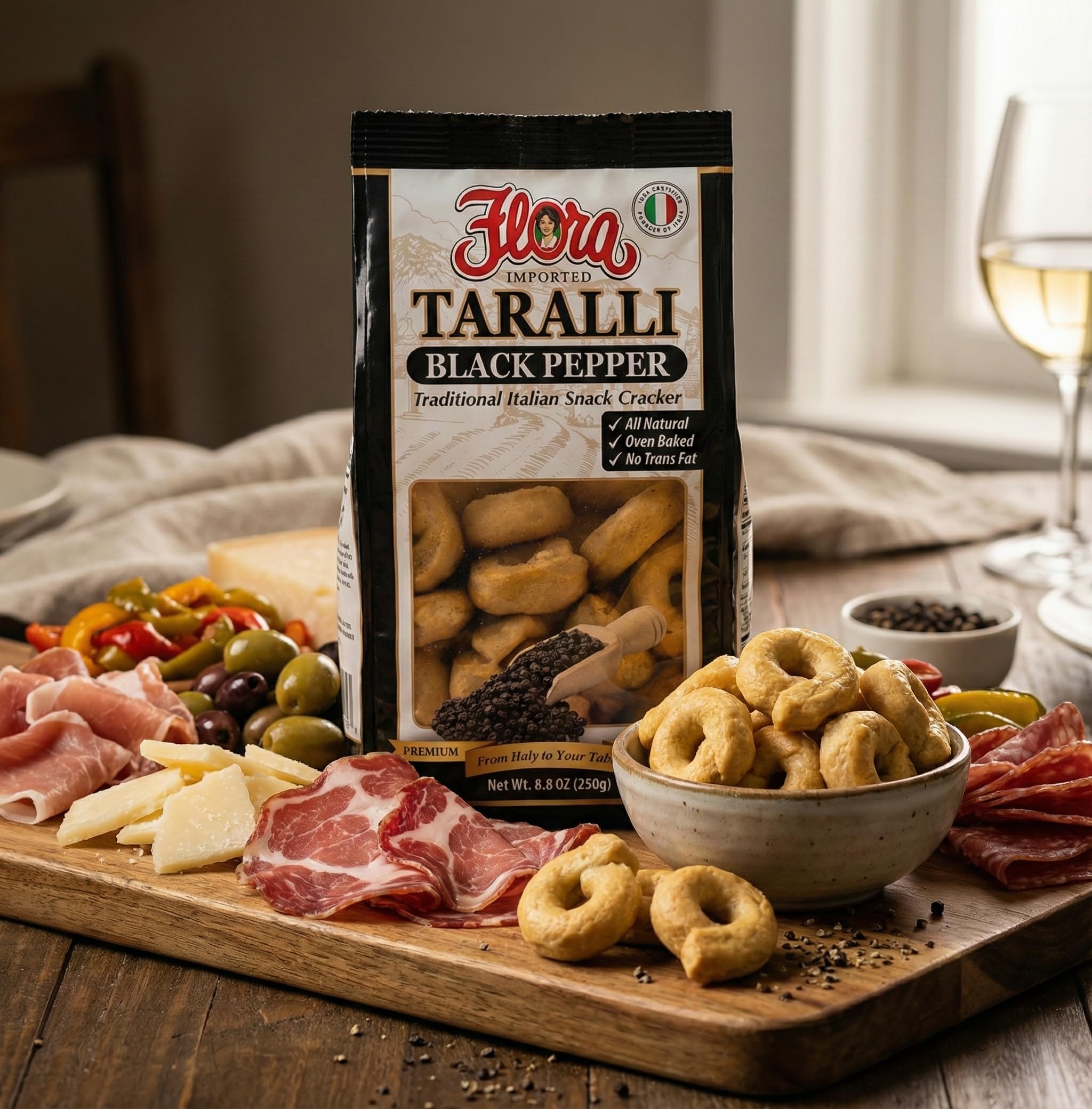 Flora taralli close-up texture highlighting crunch and whole-wheat benefit