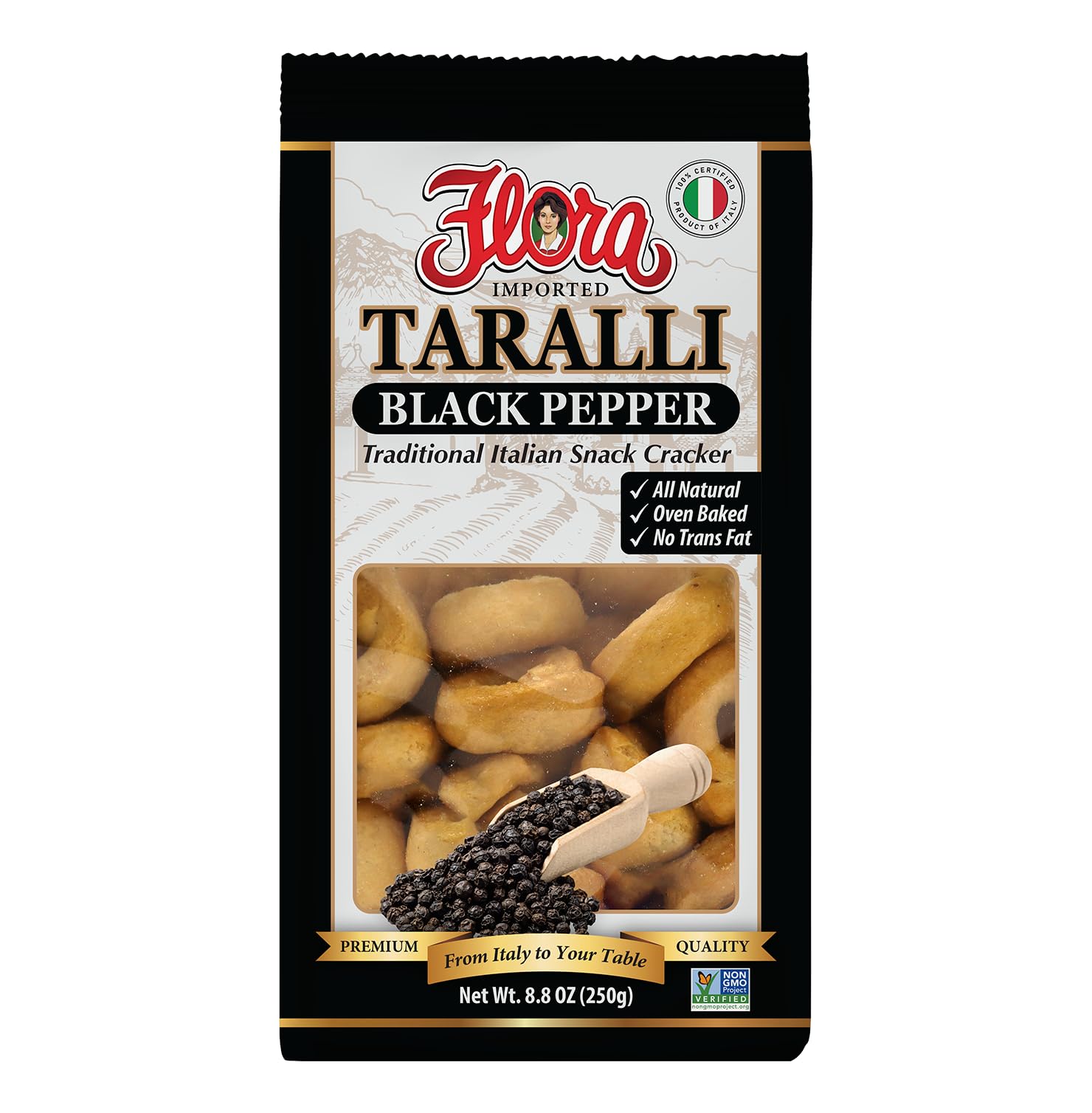 Flora taralli front packaging showing product and black pepper flavor benefit