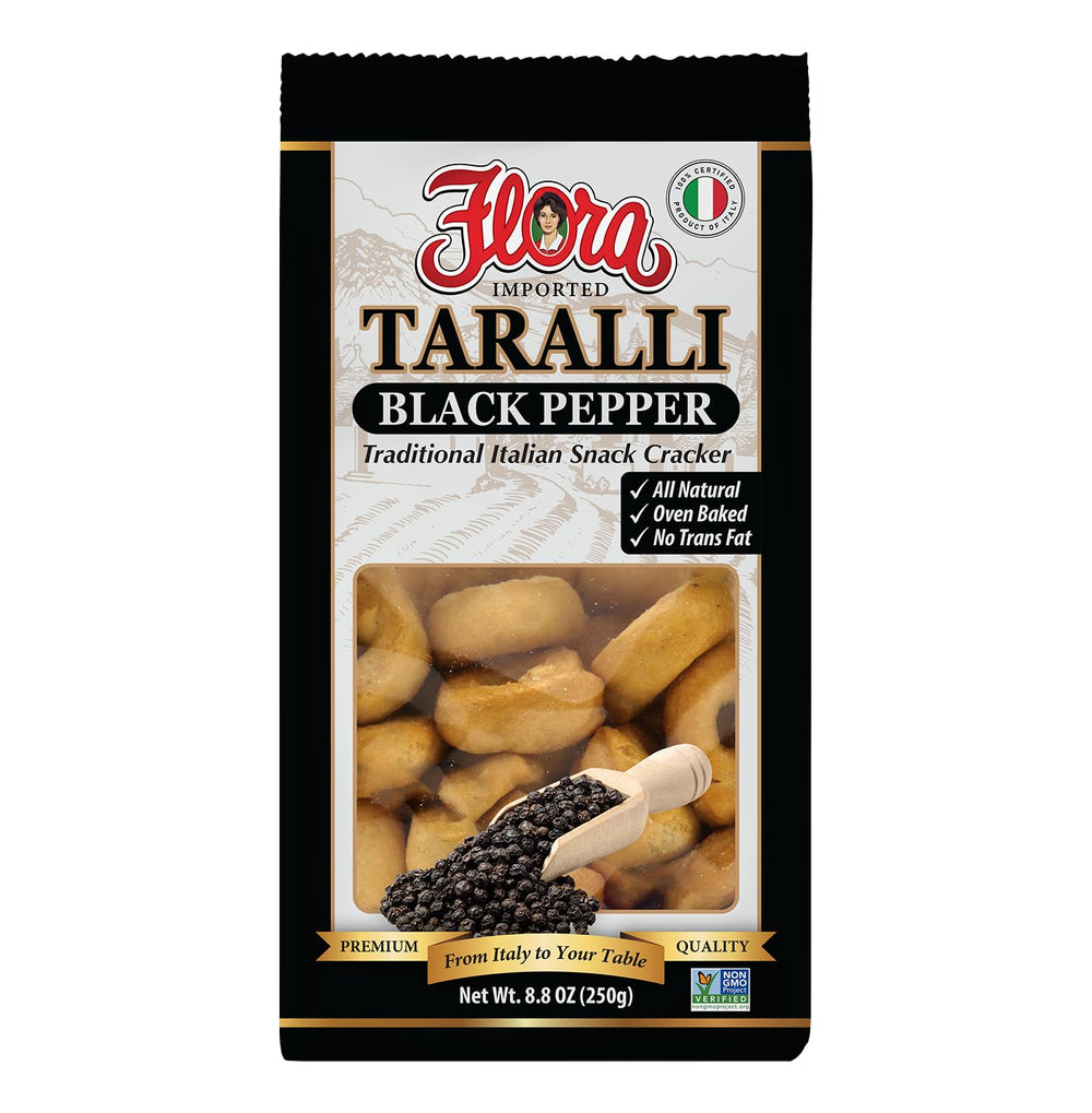 Flora taralli front packaging showing product and black pepper flavor benefit