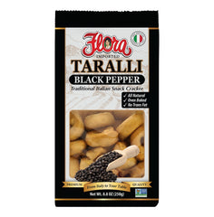 Flora taralli front packaging showing product and black pepper flavor benefit