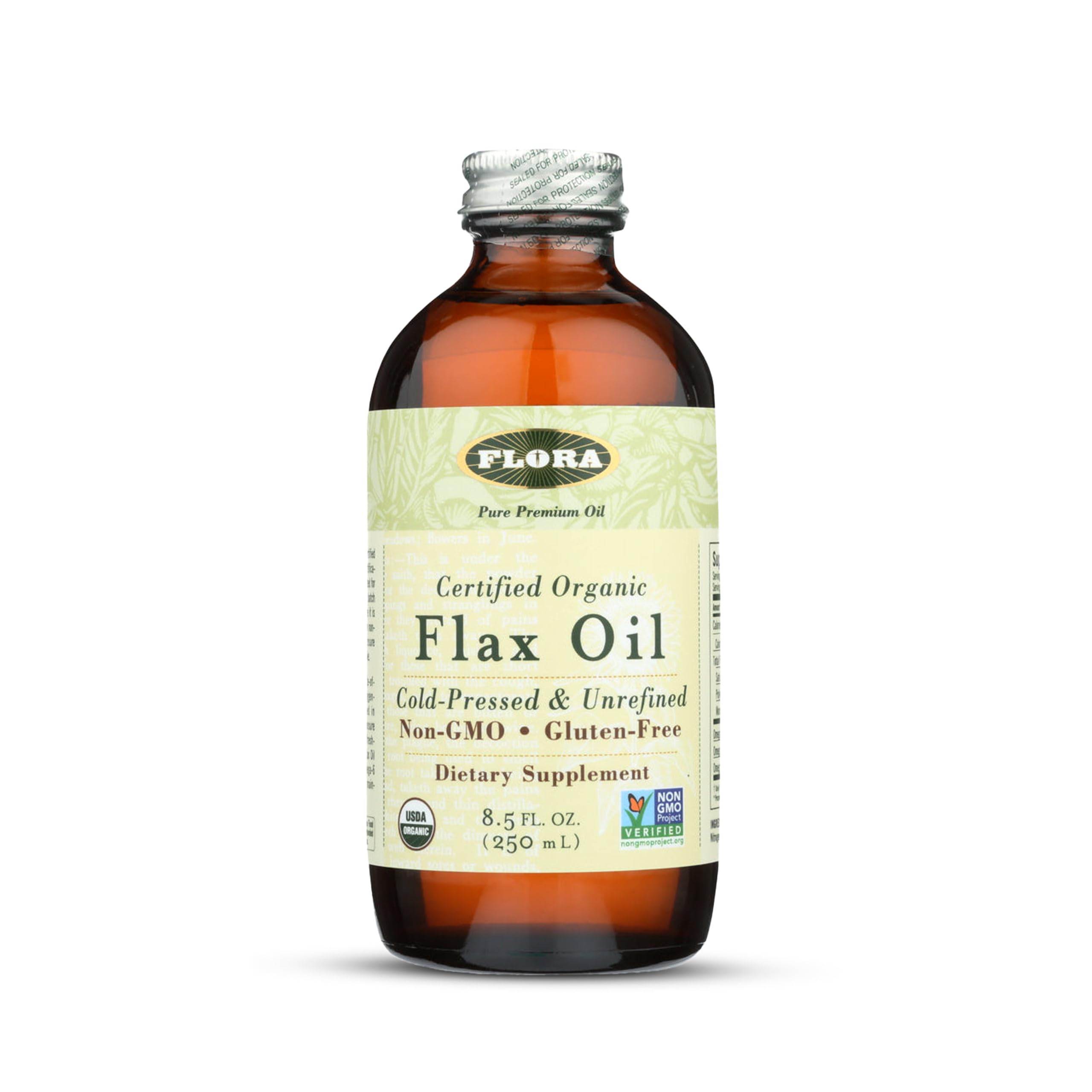 Flora bottle front view showing organic flax oil and branding for quality