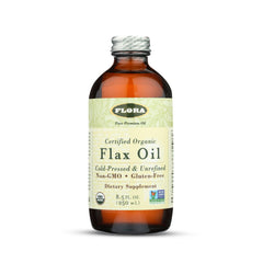 Flora bottle front view showing organic flax oil and branding for quality