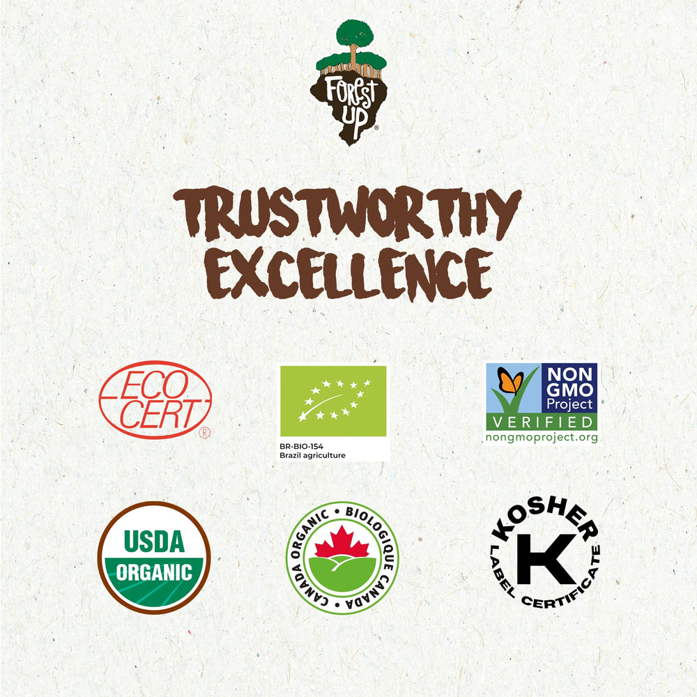 Floresta em Pé label with organic and Kosher icons showing trusted sourcing