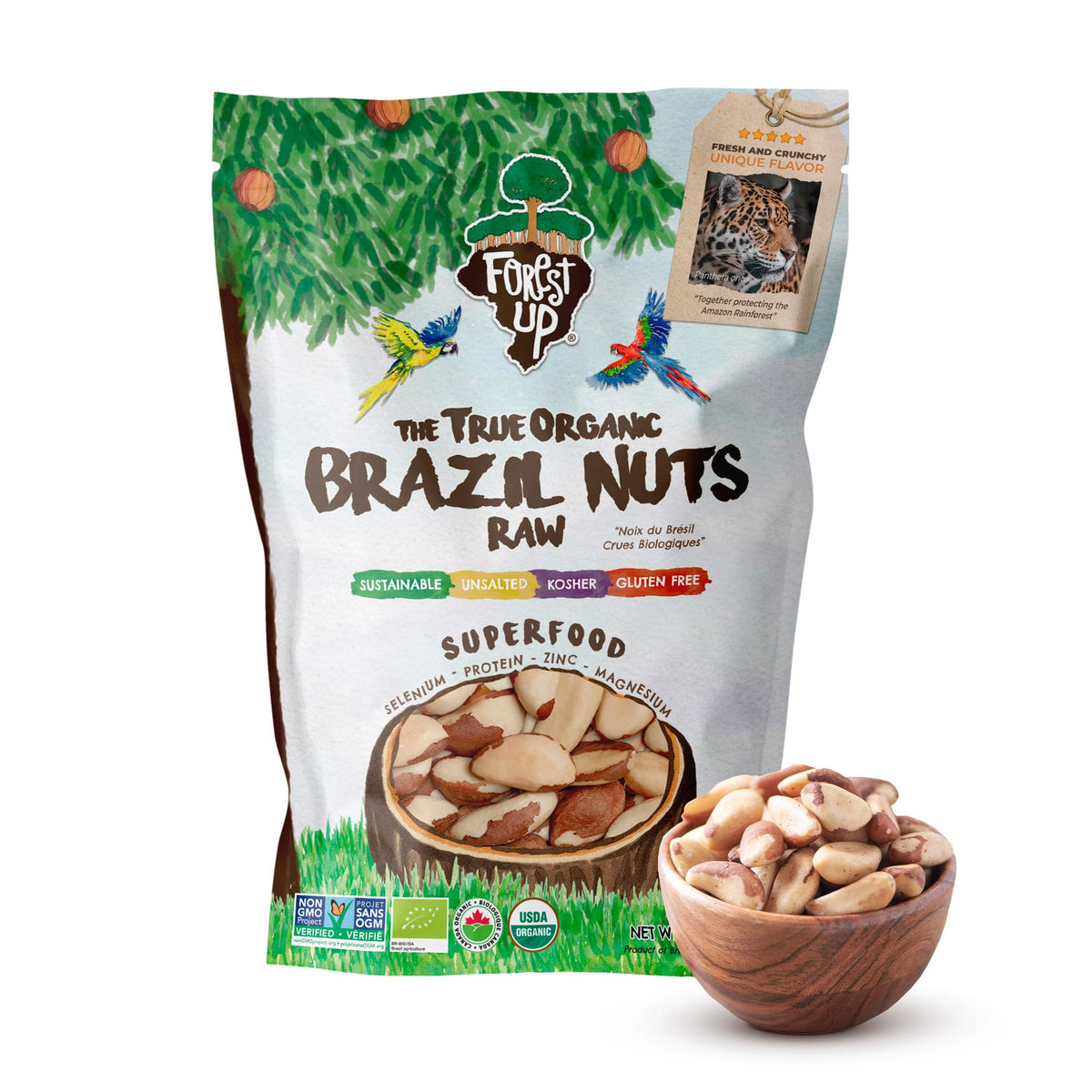 Floresta em Pé front packaging showing 15 oz bag and organic label benefit freshness