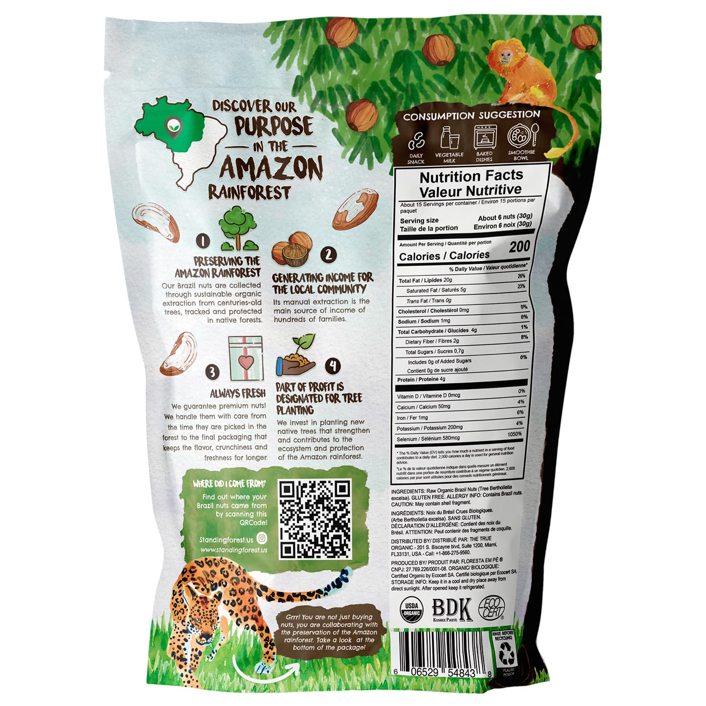 Floresta em Pé open pouch with whole raw Brazil nuts showing ready-to-eat crunch