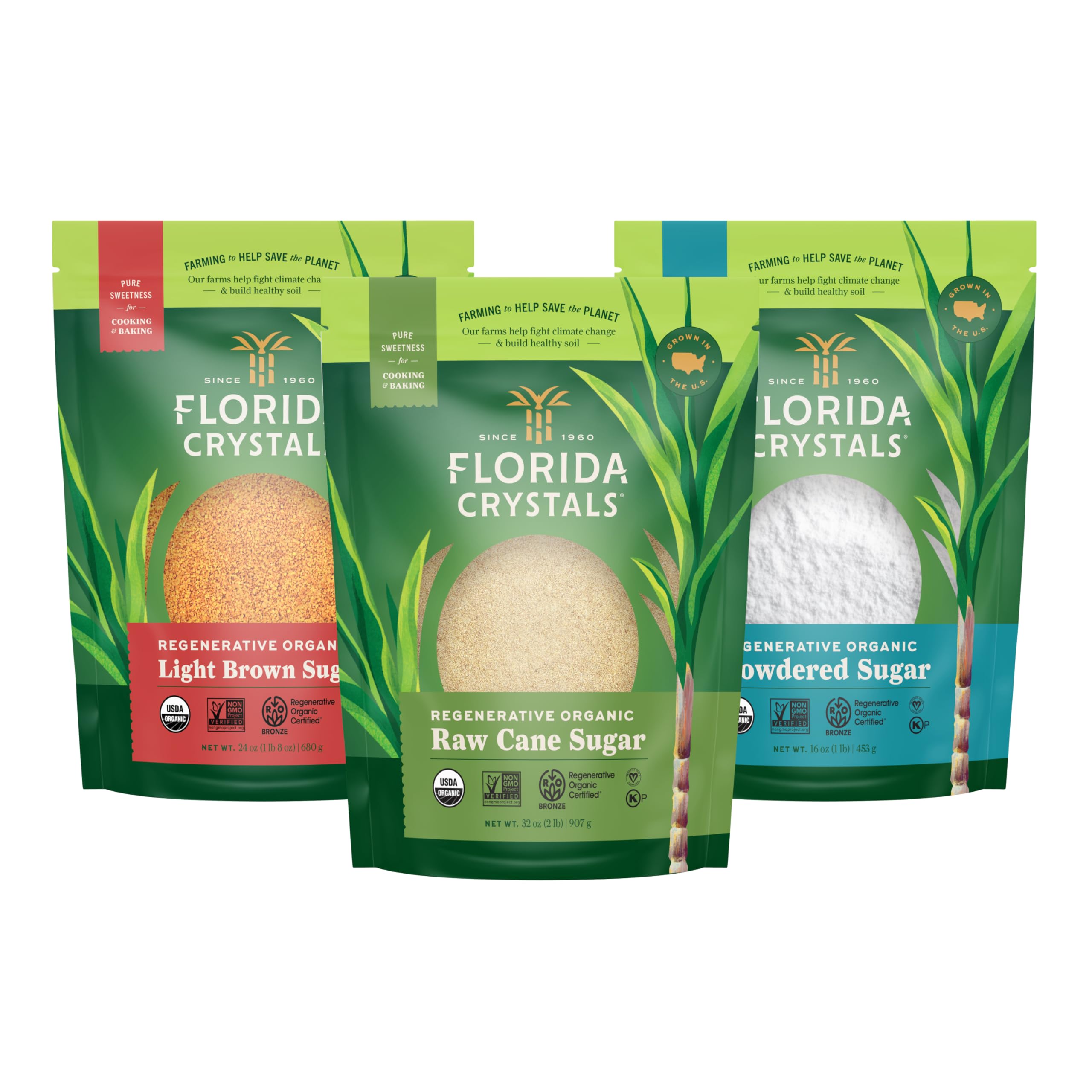 Florida Crystals front pack showing Baker's Collection benefits and resealable bag