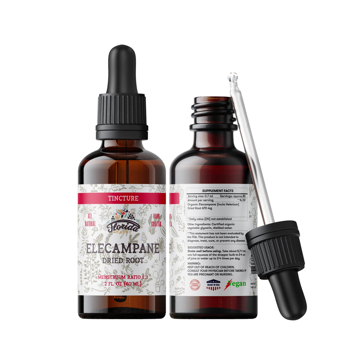 FLORIDA HERBS front bottle view showing label and glycerin tincture benefit