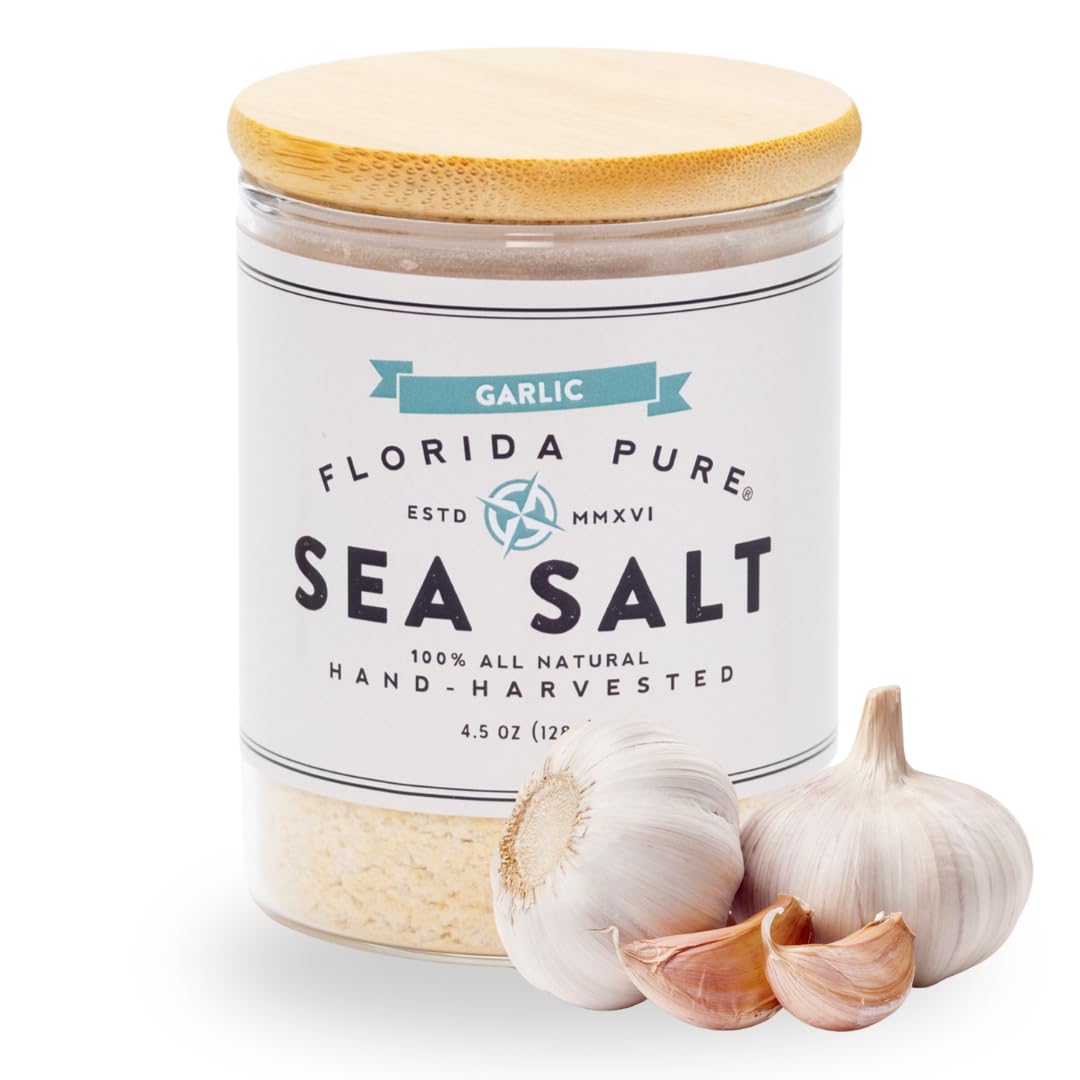 Florida Pure jar front view showing garlic sea salt for flavorful finishing