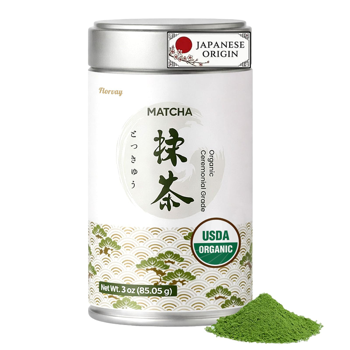 Florvay 3oz tin front packaging shows fresh matcha and convenience