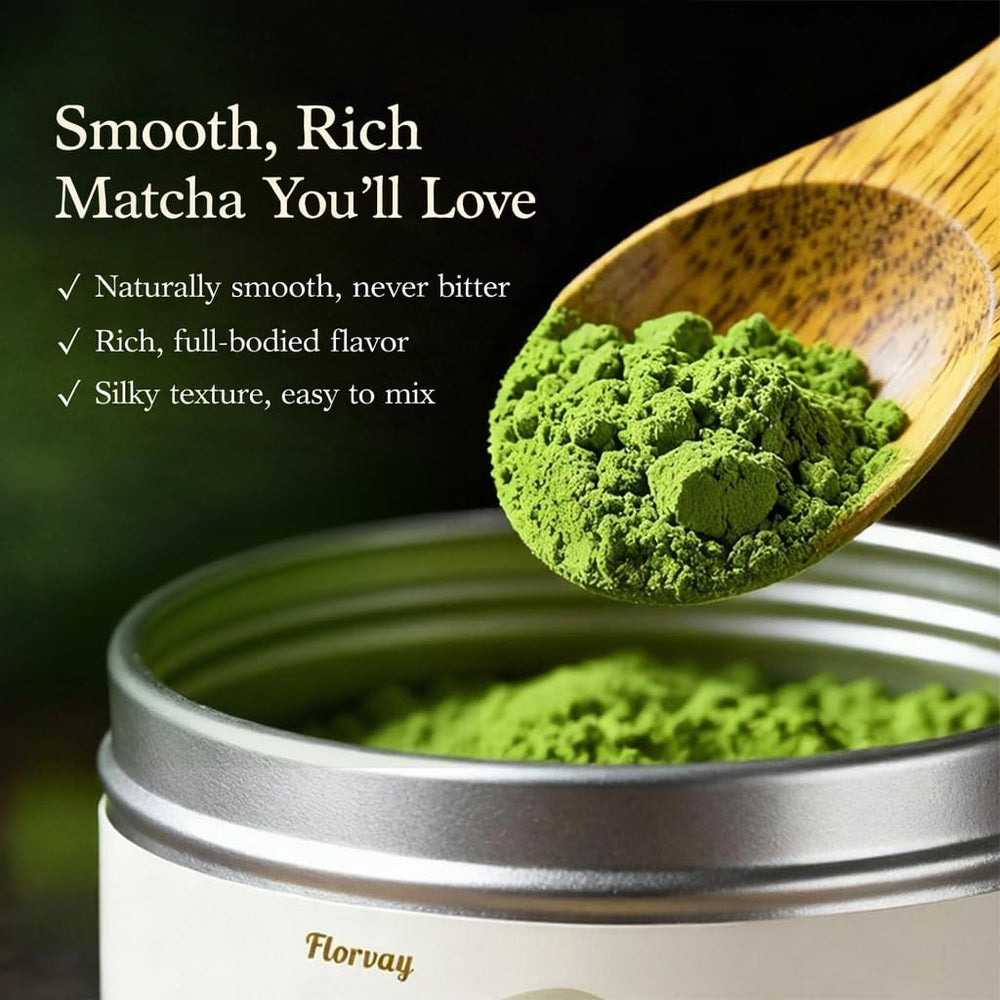 Florvay matcha latte in mug illustrating creamy, balanced taste