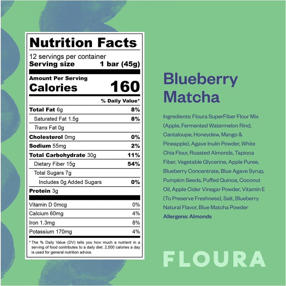 Close-up of Floura bar texture with visible almonds and fruit pieces for crunch
