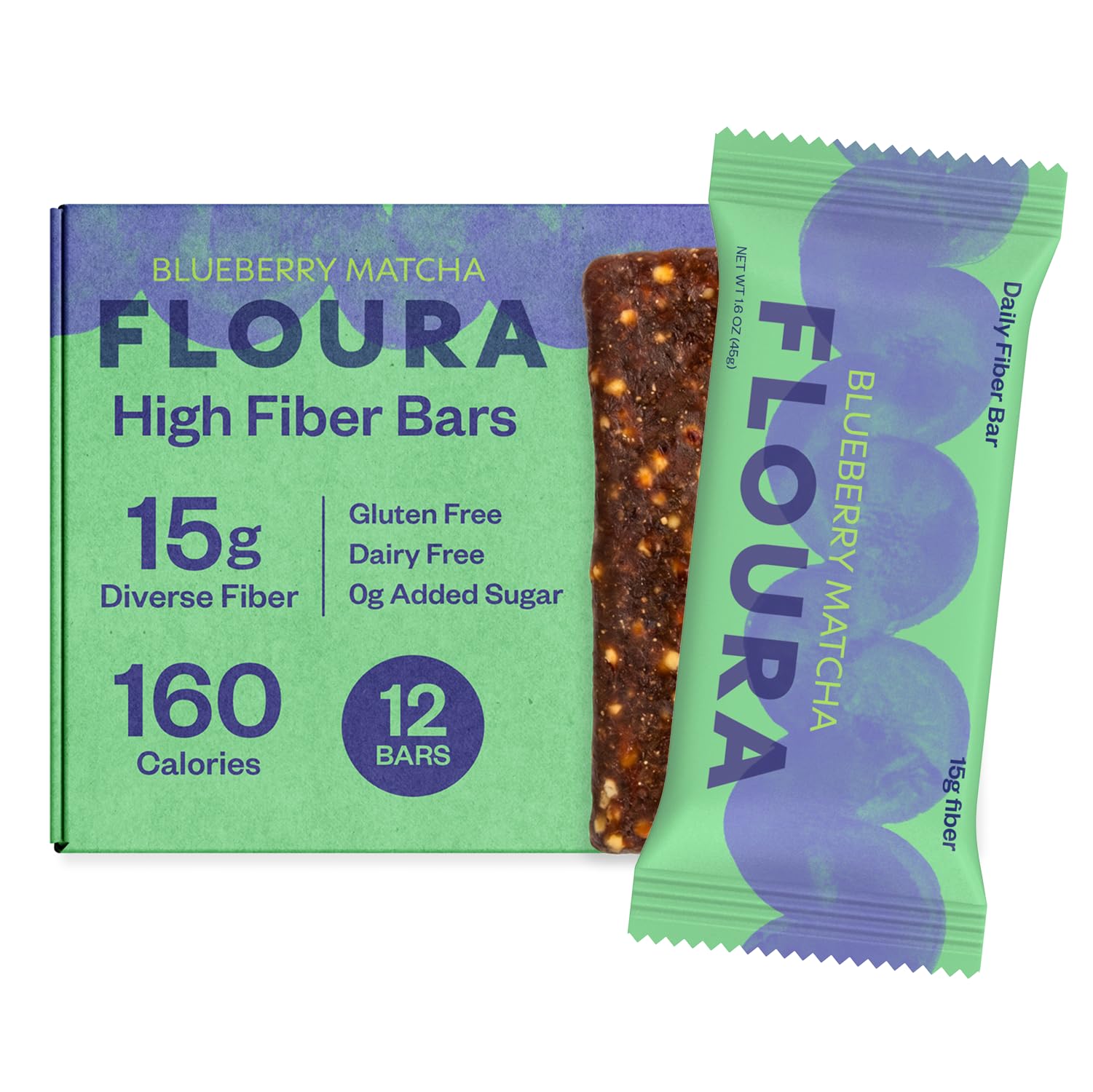 Floura front packaging showing blueberry matcha fiber bar and benefits