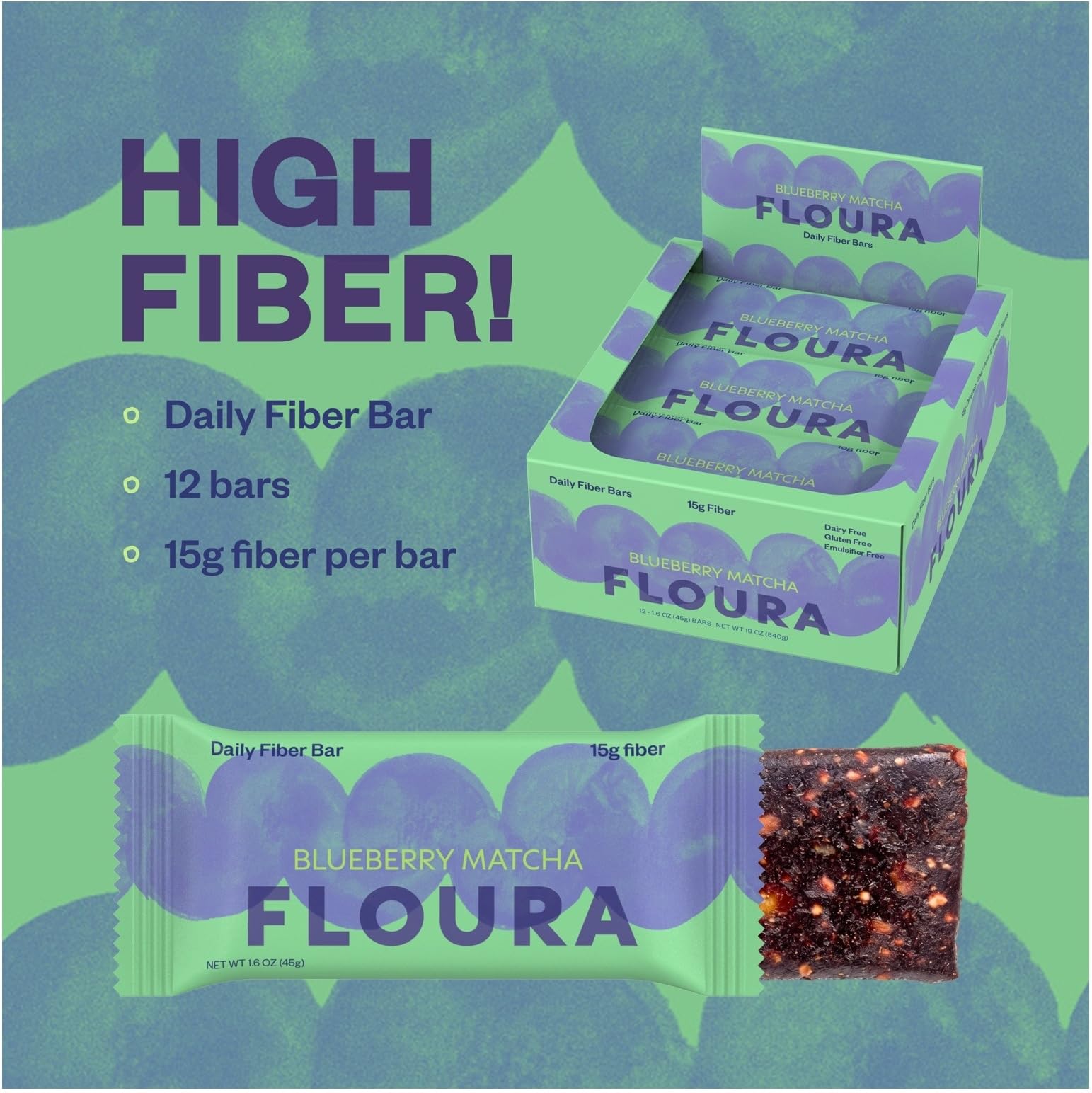 Floura ingredients spread featuring blueberries, matcha, almonds and upcycled fruit