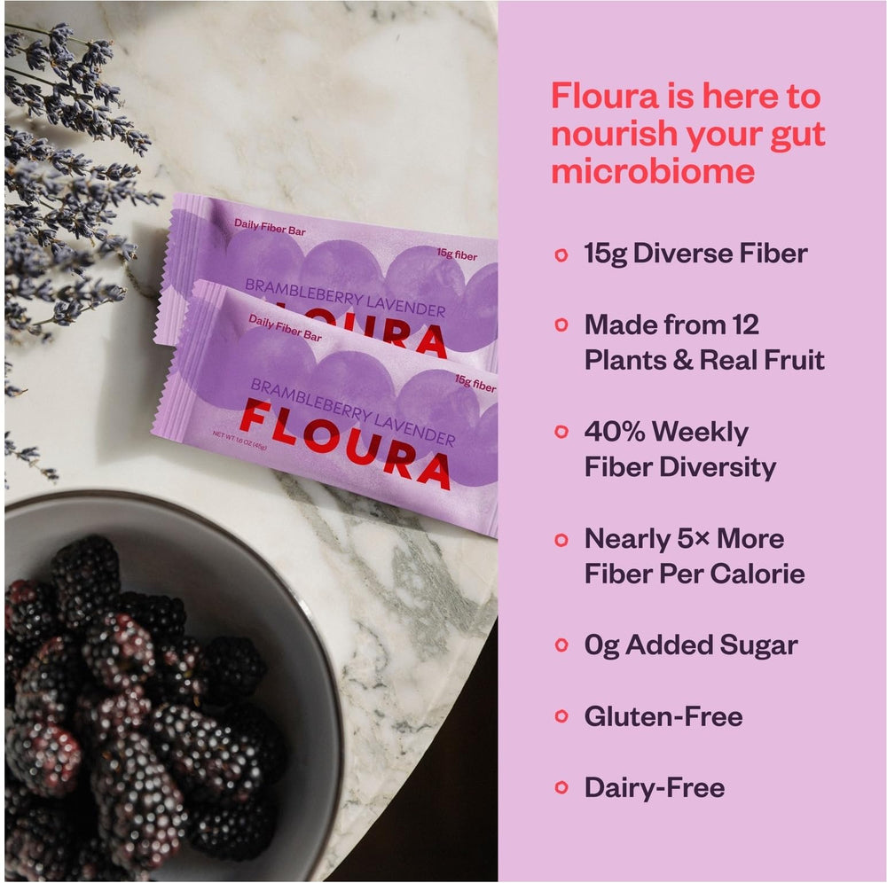 Floura bar cross-section revealing dense fiber blend for lasting fullness benefit