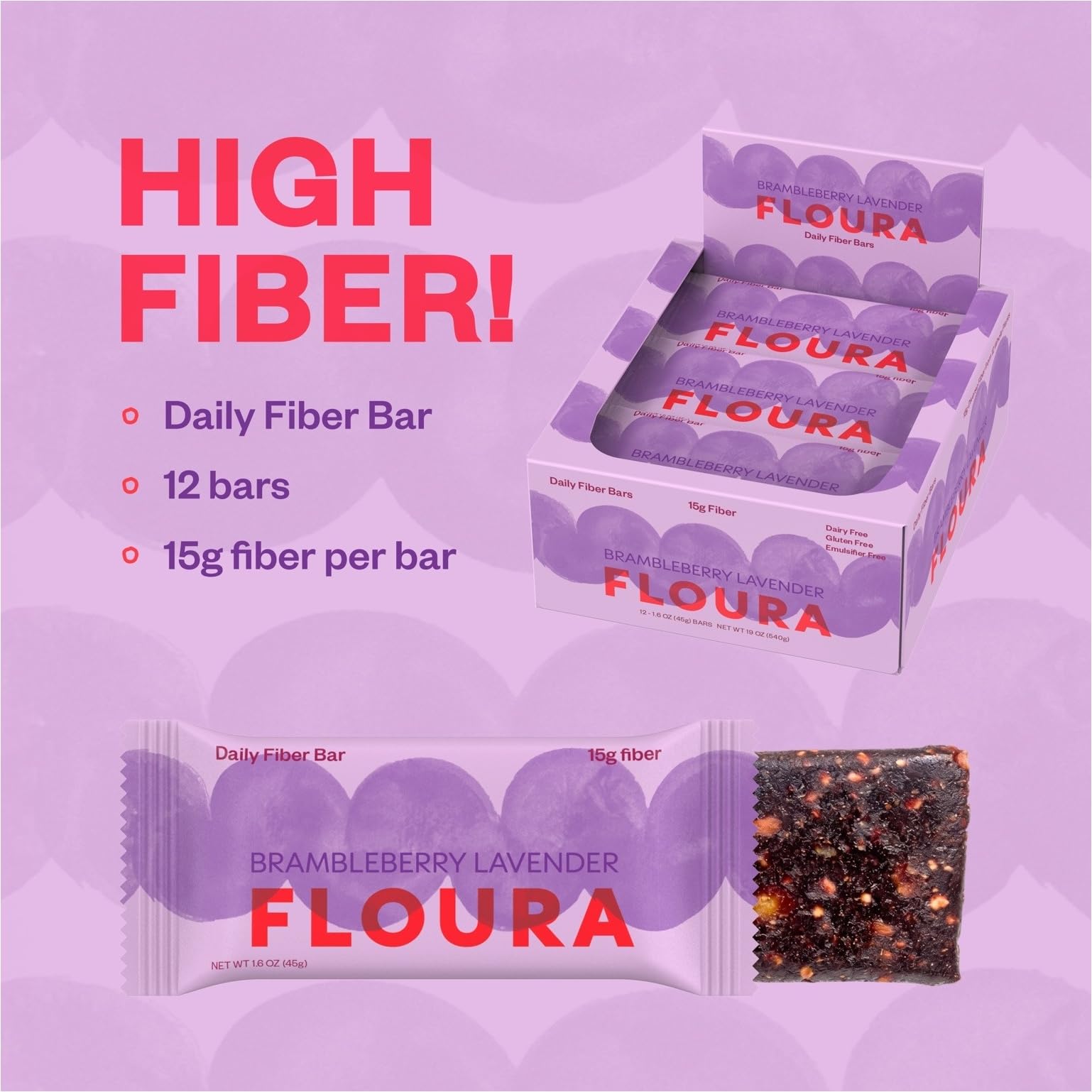 Floura ingredients spread with black currants apples and almonds highlighting upcycled produce benefit