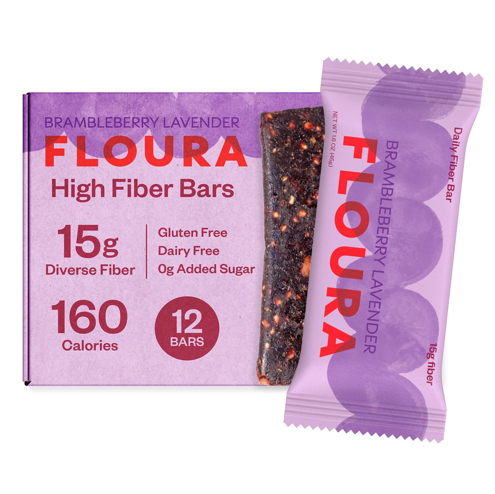 Floura front packaging showing Brambleberry Lavender Fiber Bars and 12-pack convenience benefit
