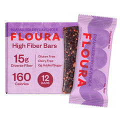 Floura front packaging showing Brambleberry Lavender Fiber Bars and 12-pack convenience benefit