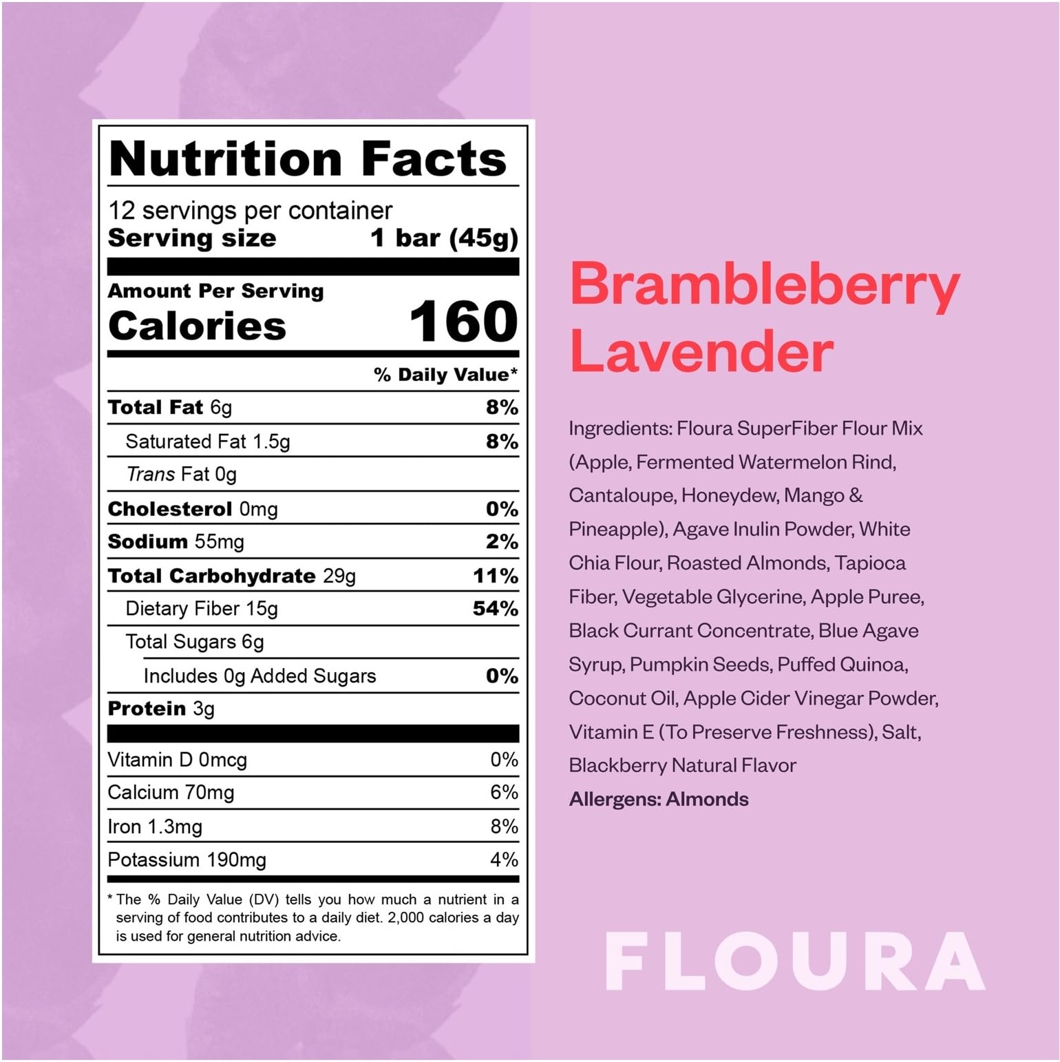 Floura close-up texture of bar showing fruit and almond pieces for satisfying chew benefit