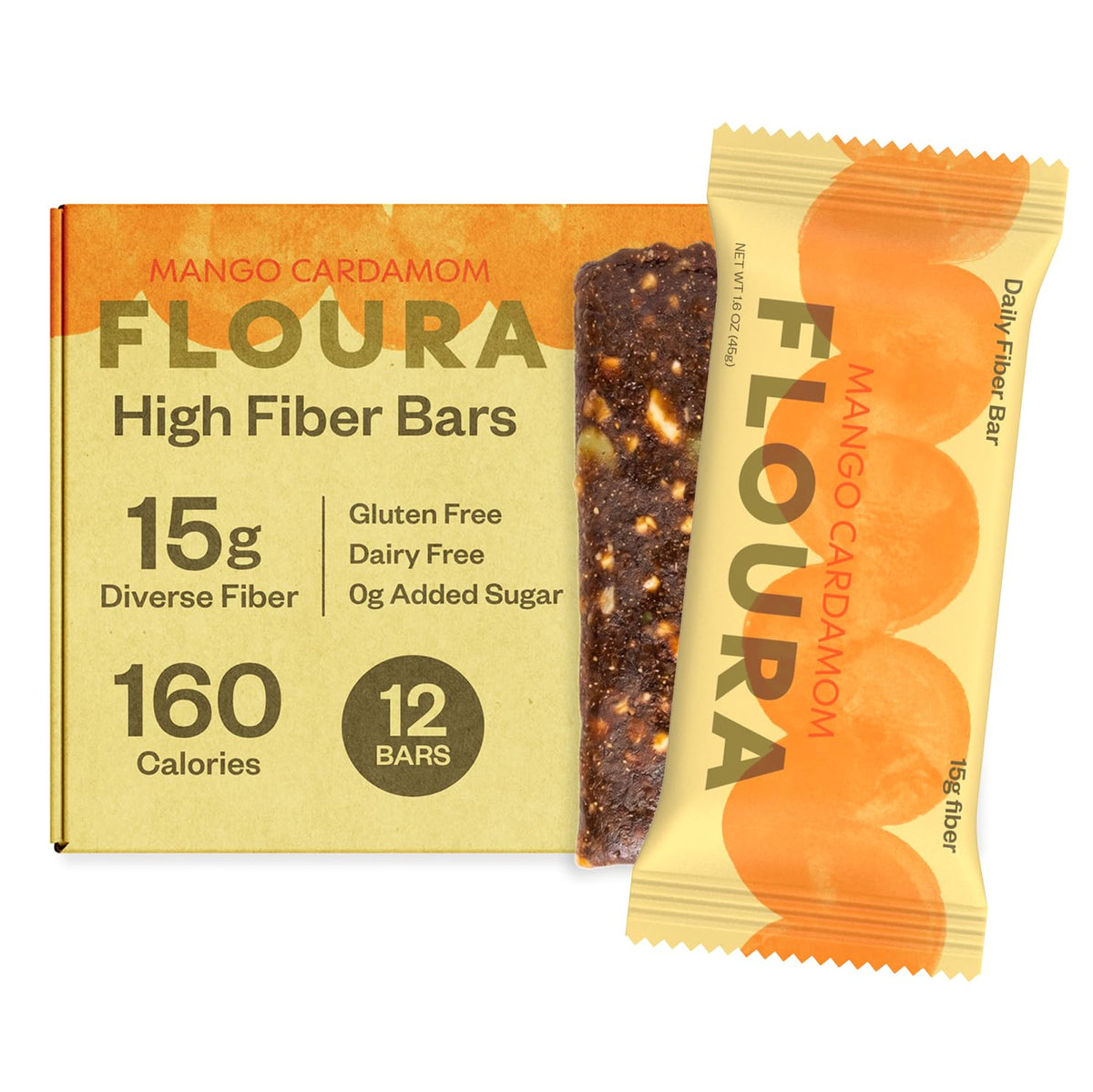 Floura front packaging showing mango cardamom bars clearly labeled and portable