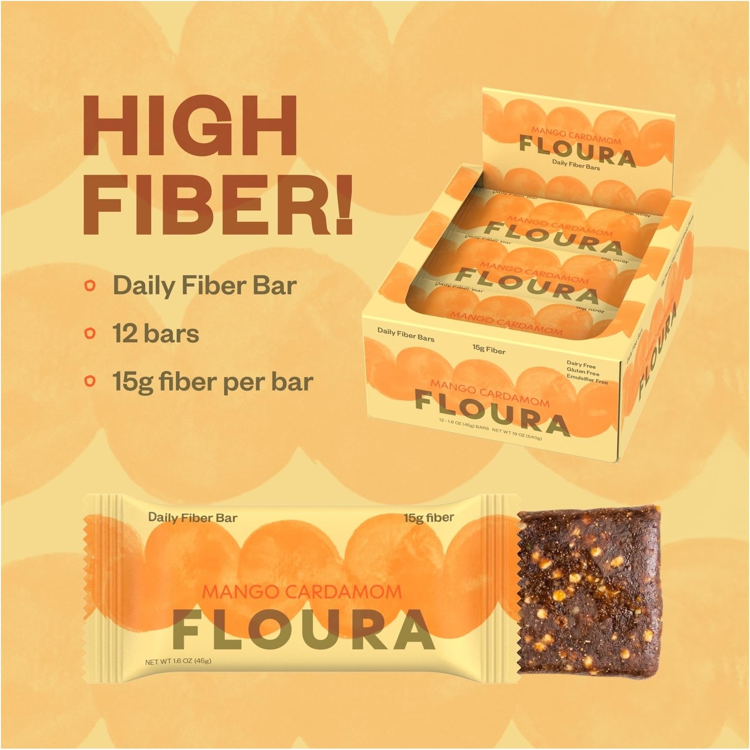 Floura ingredients spread with mango, apple, coconut, cashew highlighting natural sources