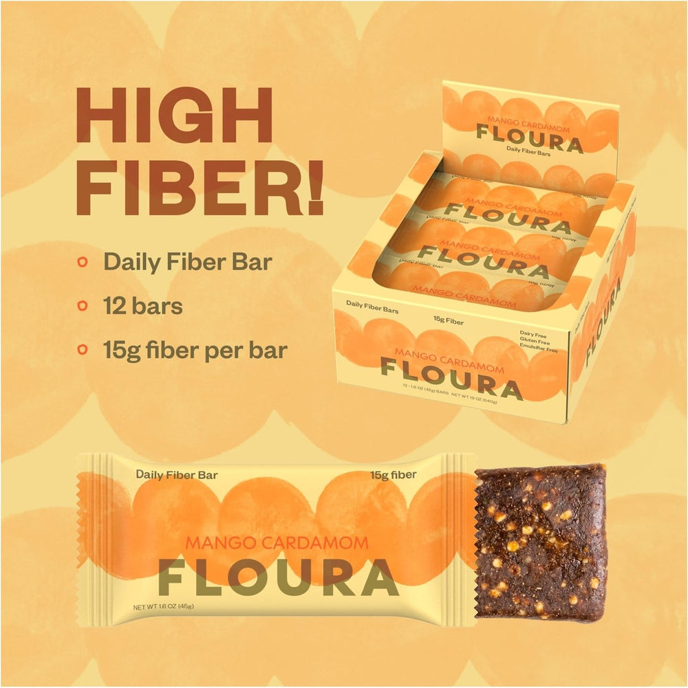 Floura ingredients spread with mango, apple, coconut, cashew highlighting natural sources
