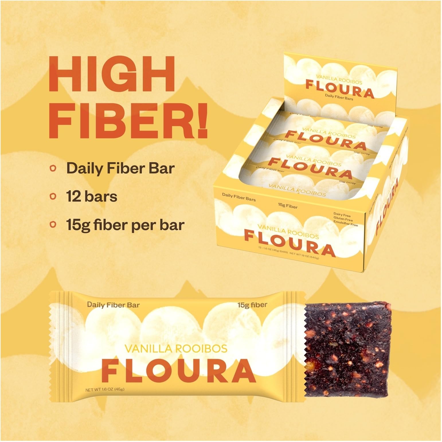 FLOURA close-up texture of bar highlighting fruit and chew