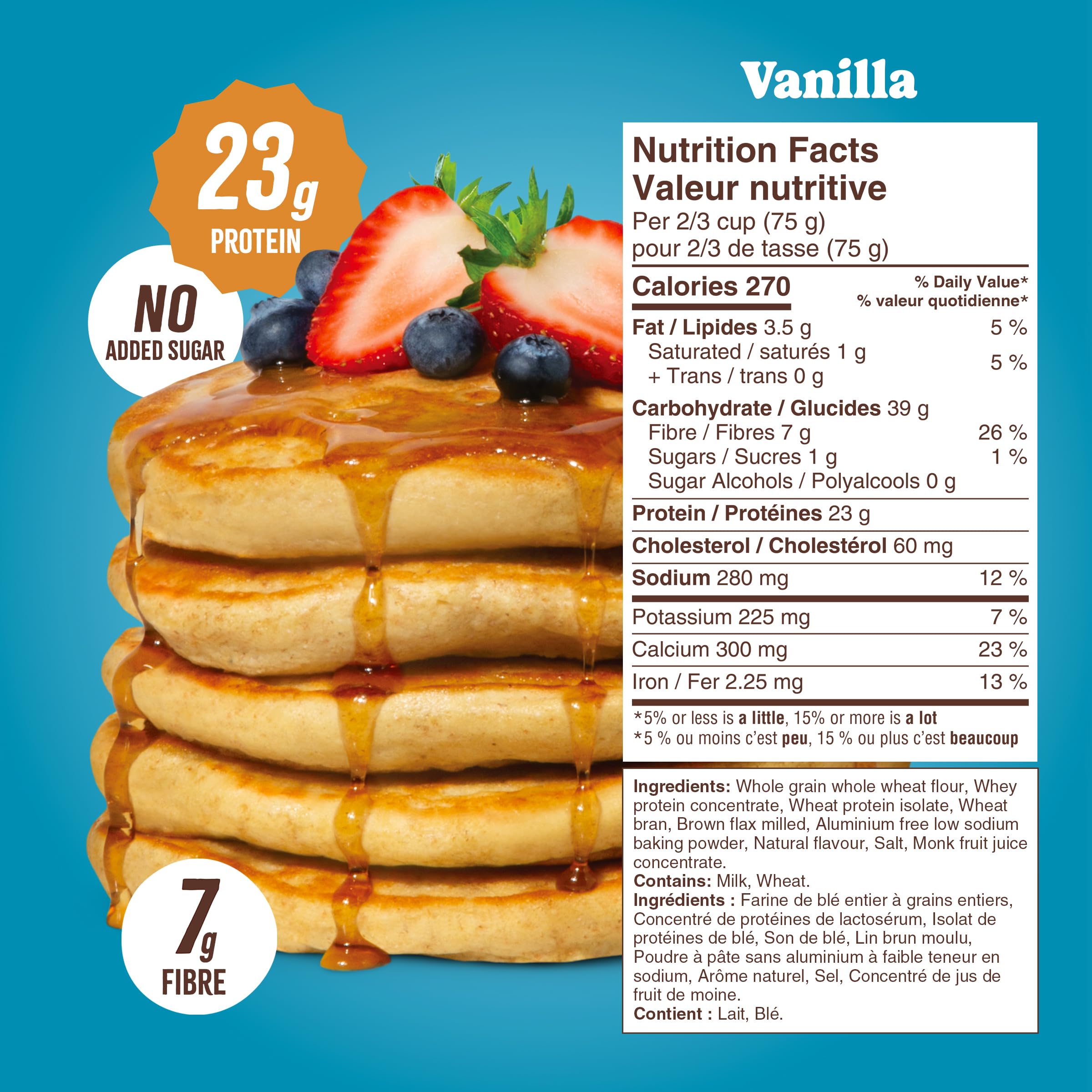 Flourish cooked pancake stack topped with fruit showing high-protein breakfast appeal