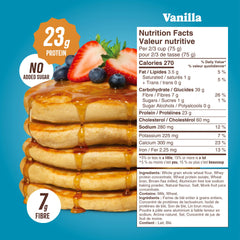 Flourish cooked pancake stack topped with fruit showing high-protein breakfast appeal