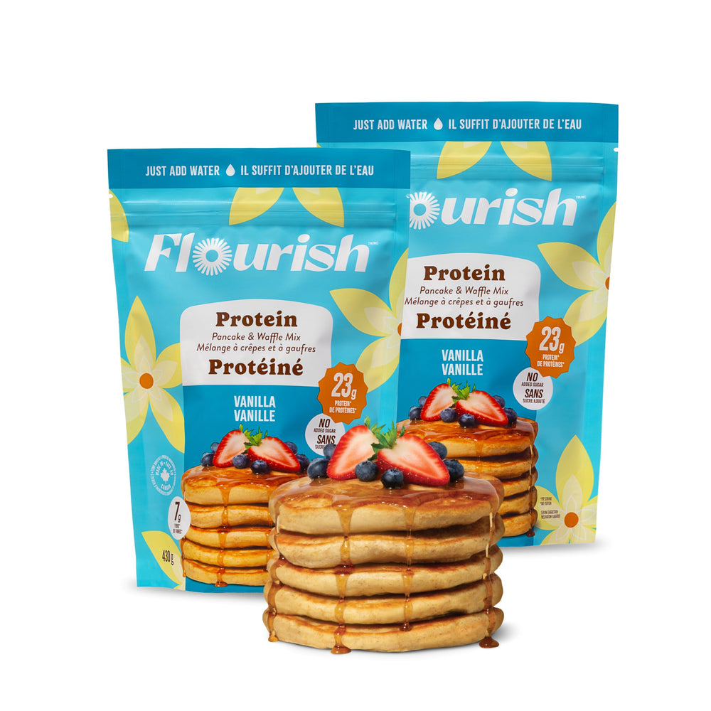 Flourish front packaging vanilla showing nutrition highlights and two-pack convenience