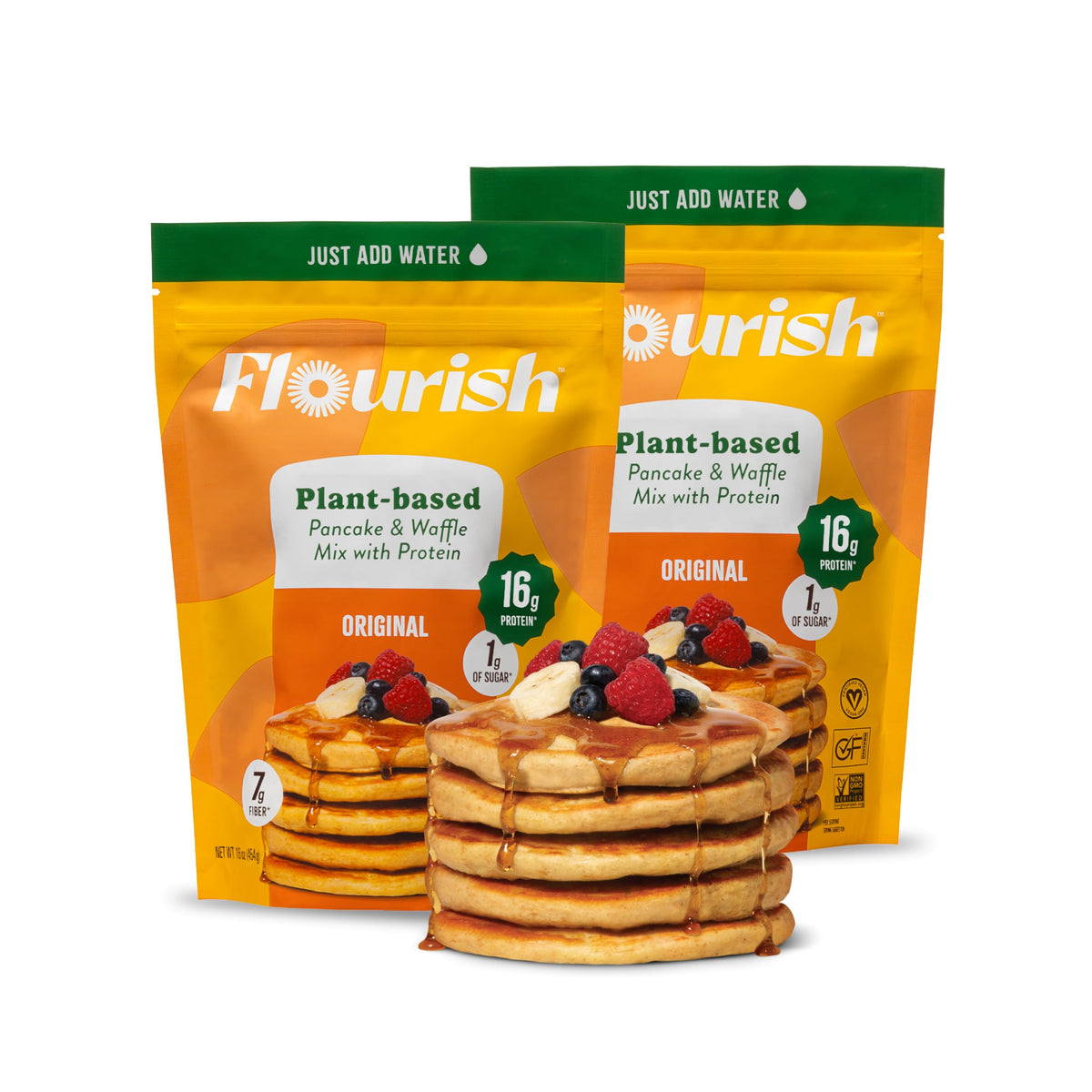 Flourish front packaging showing two 430g pouches and product name