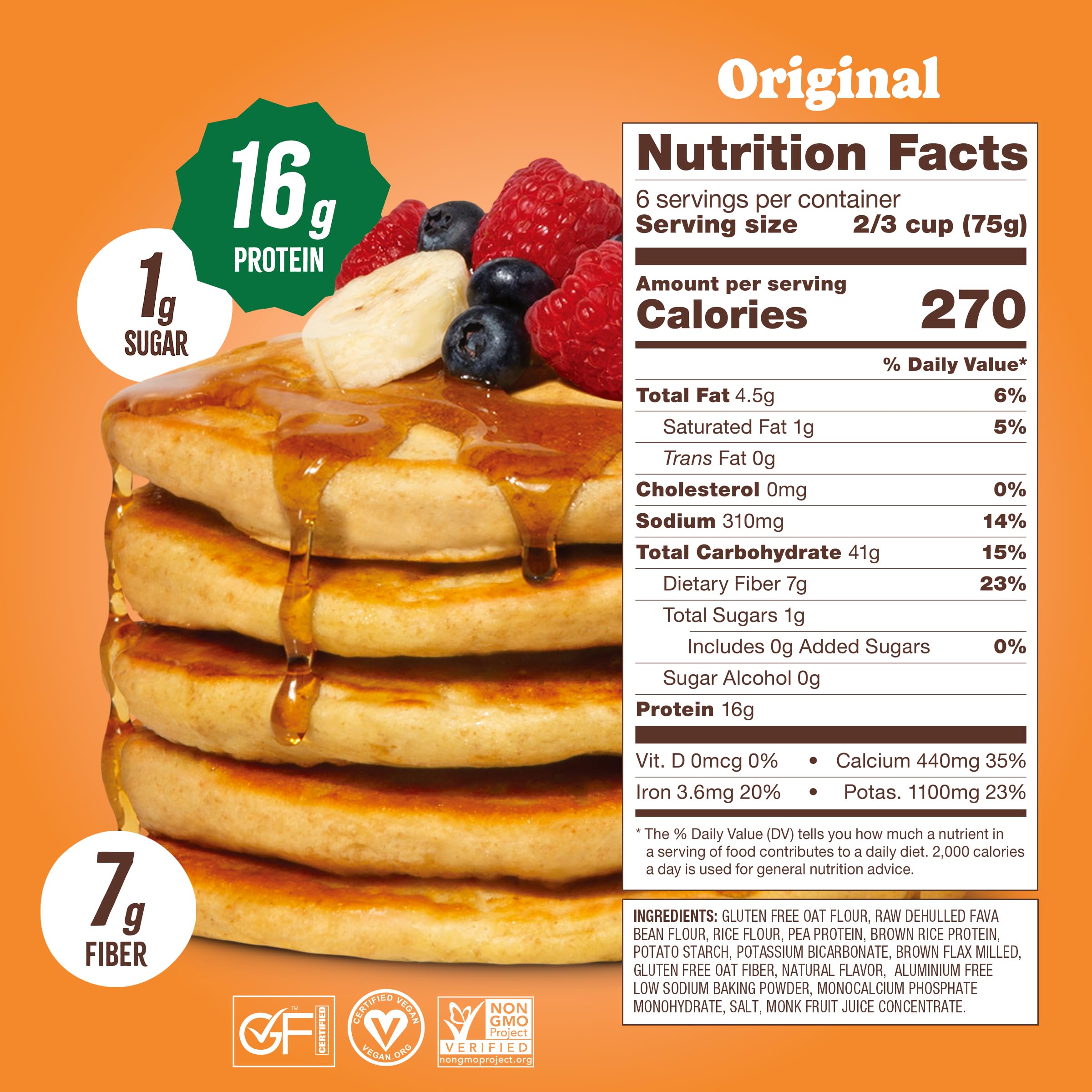 Flourish plated pancakes stacked high demonstrating hearty protein breakfast