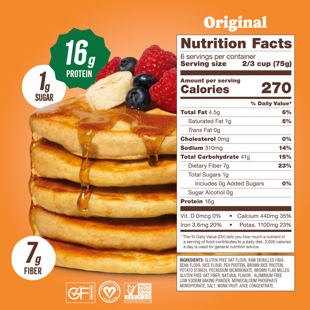 Flourish plated pancakes stacked high demonstrating hearty protein breakfast