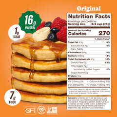 Flourish plated pancakes stacked high demonstrating hearty protein breakfast