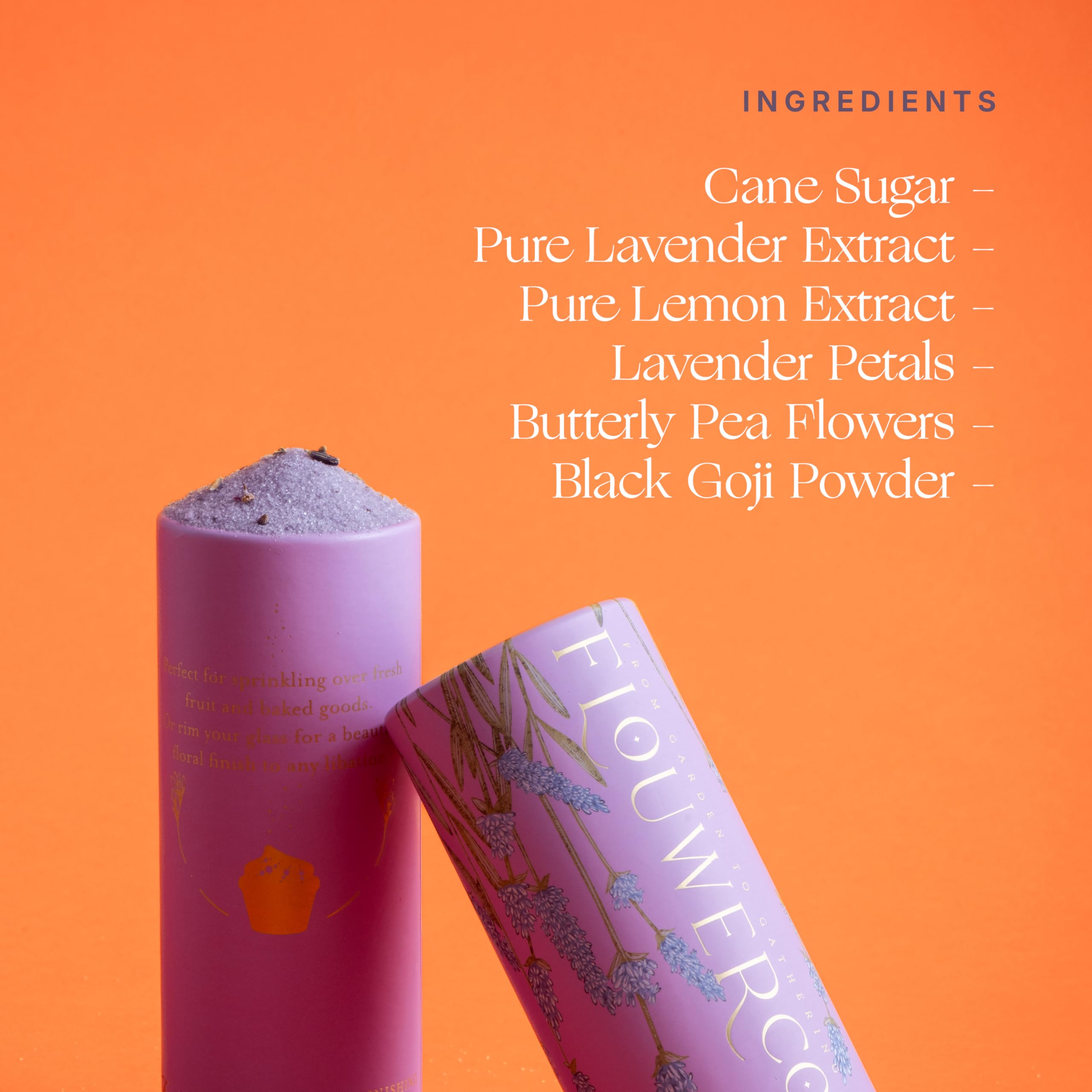 Flouwer Co ingredients flatlay showing natural flowers, lemon zest, sugar