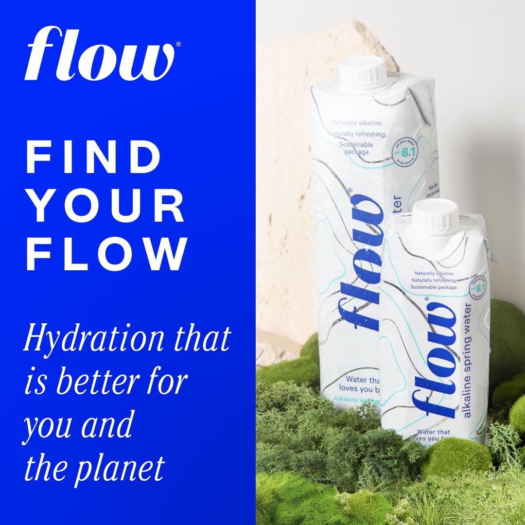 Flow bottle close-up label highlighting pH 8.1 and mineral content benefit