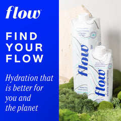 Flow bottle close-up label highlighting pH 8.1 and mineral content benefit