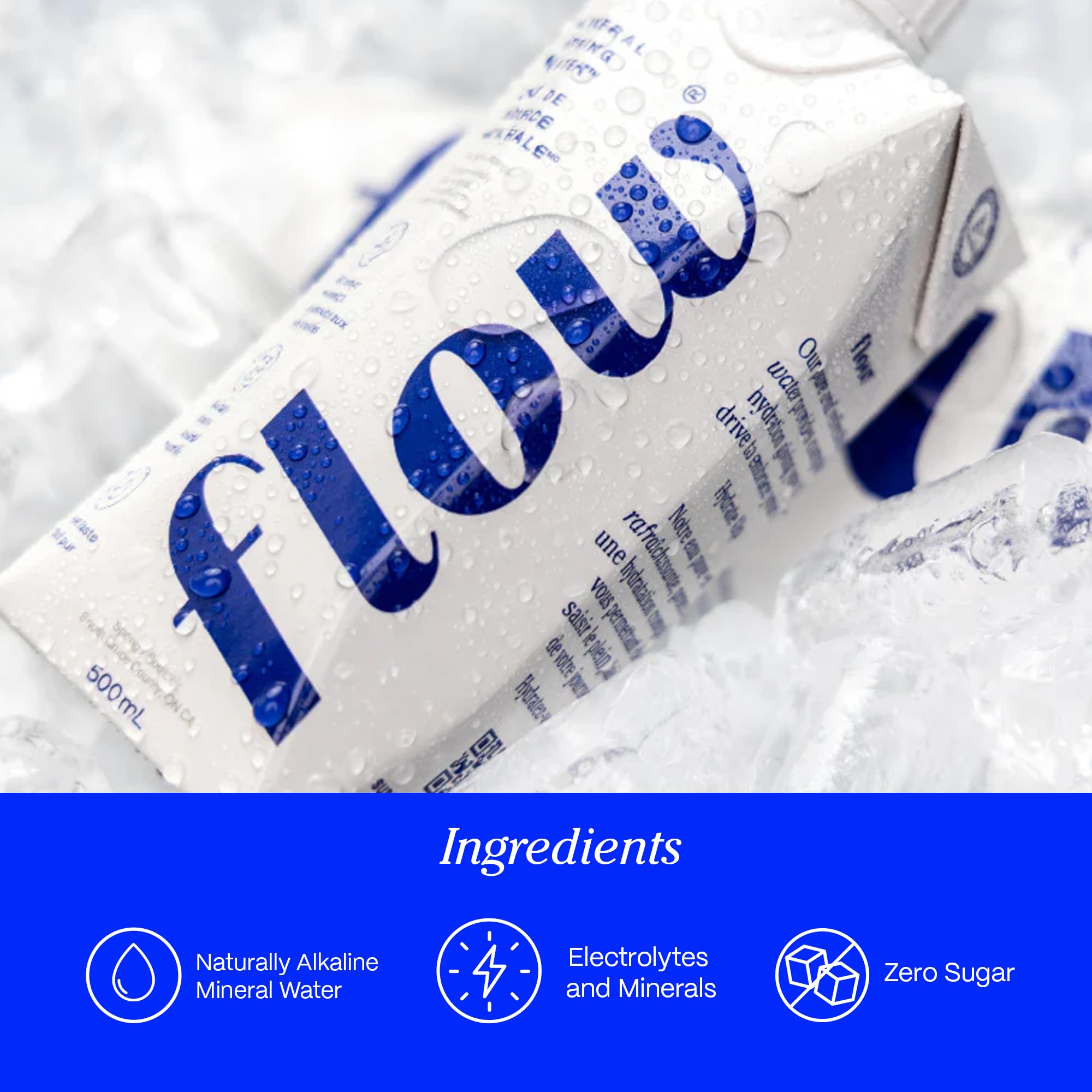 Flow bottle side profile emphasizing slim shape and mineral content