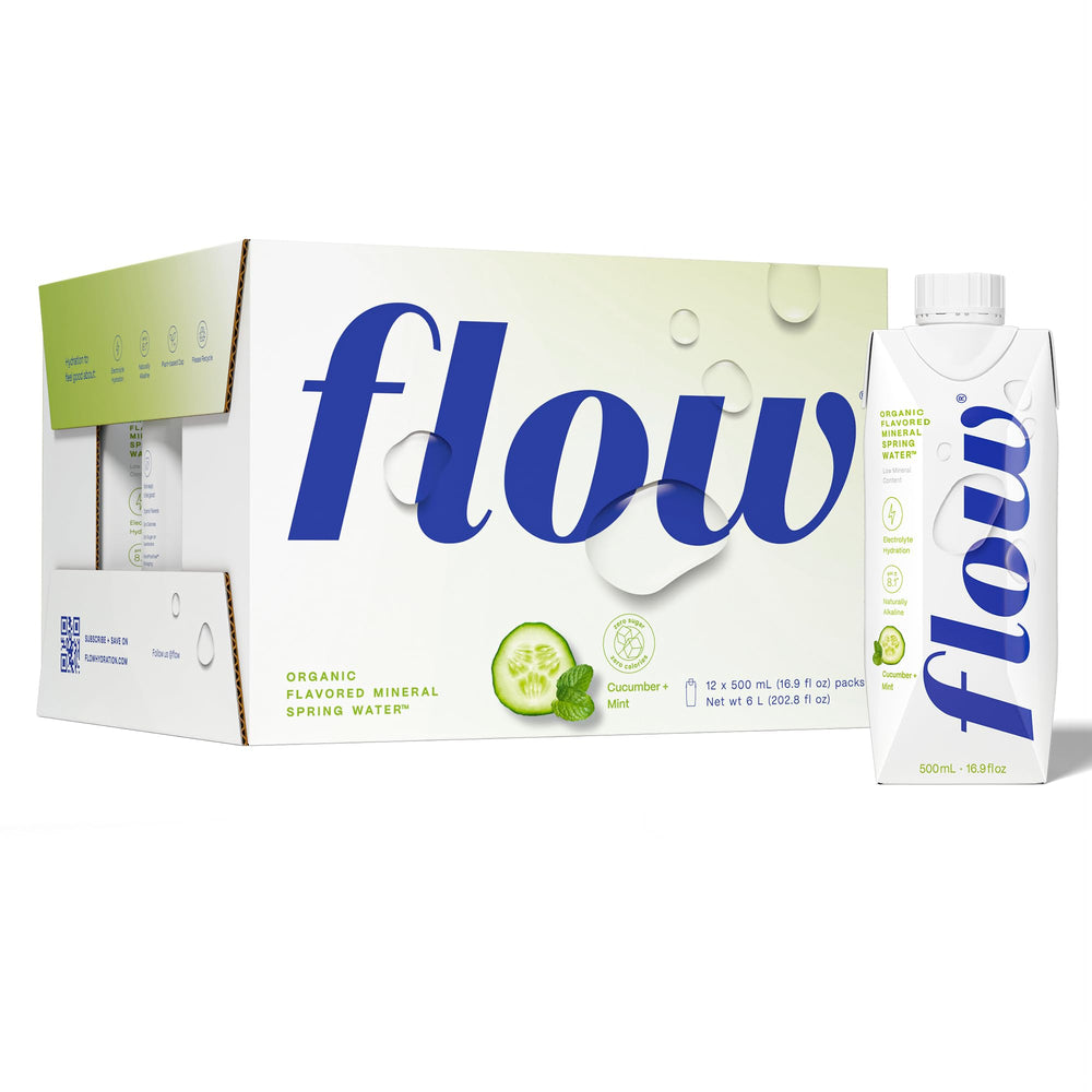 Flow bottle front packaging showing cucumber mint flavor and benefits