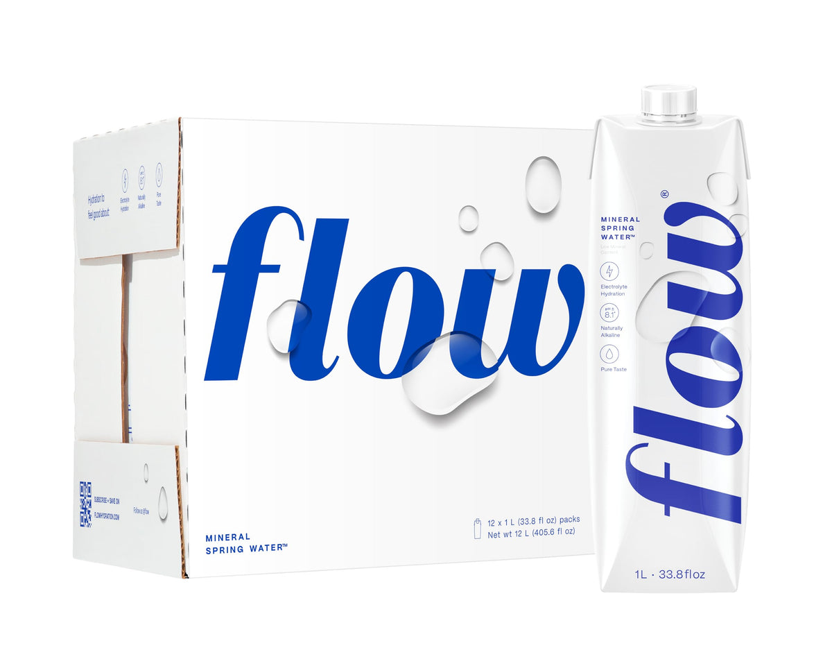 Flow front-facing 12-pack showing eco packaging and easy-storage benefit