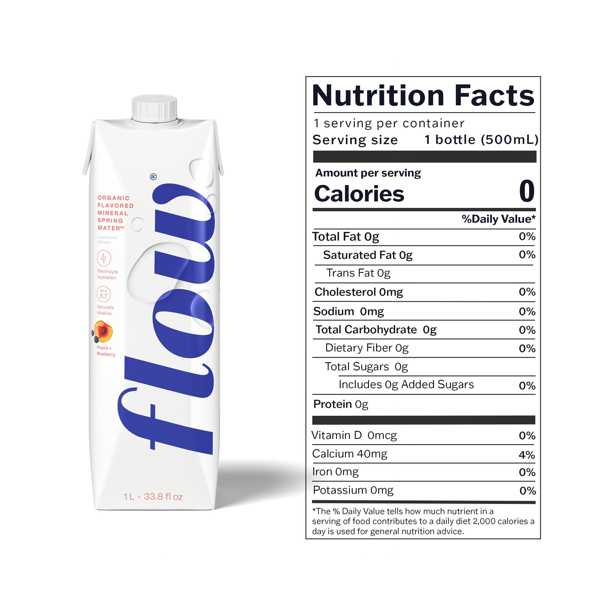 Flow label close-up highlighting peach and blueberry organic flavor