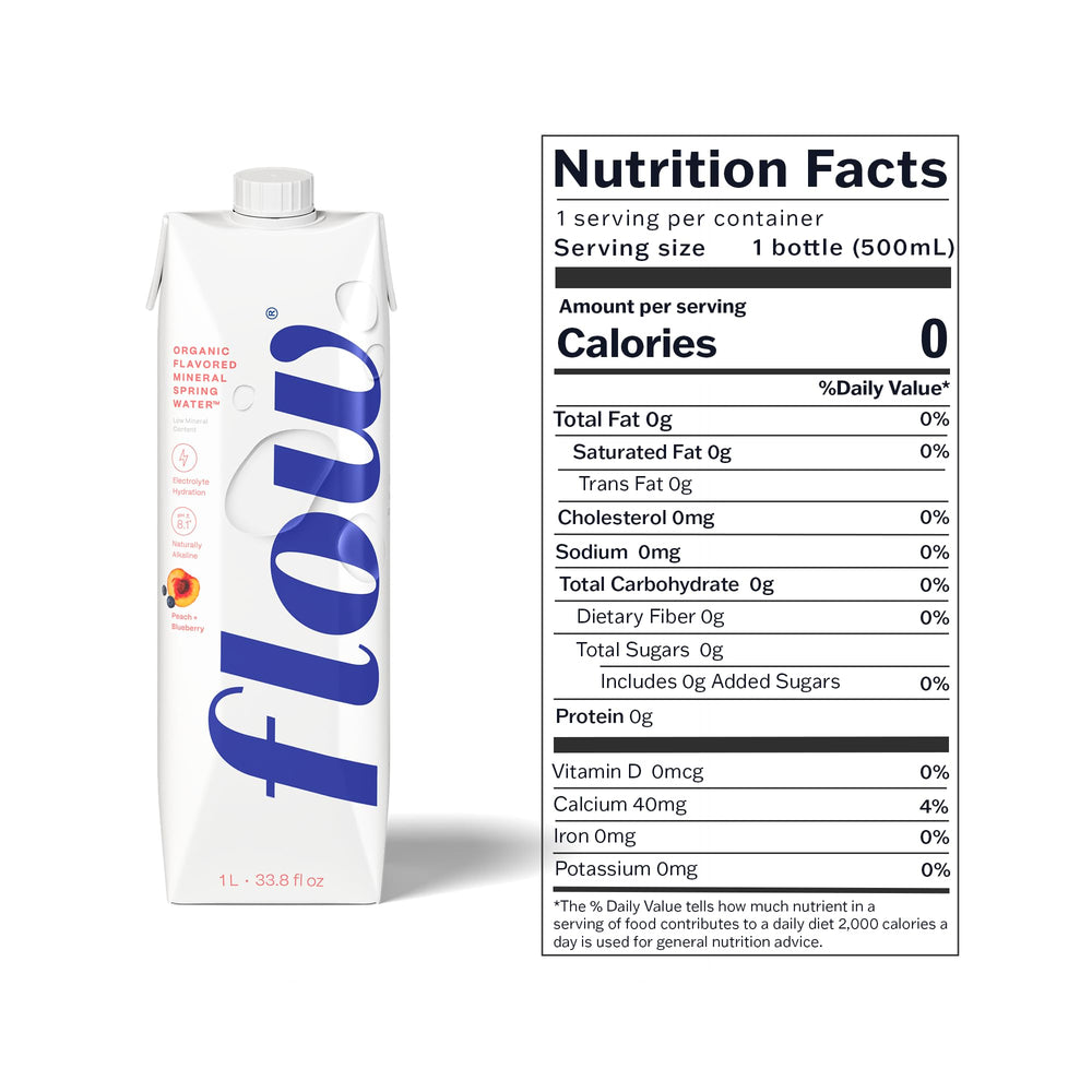 Flow label close-up highlighting peach and blueberry organic flavor