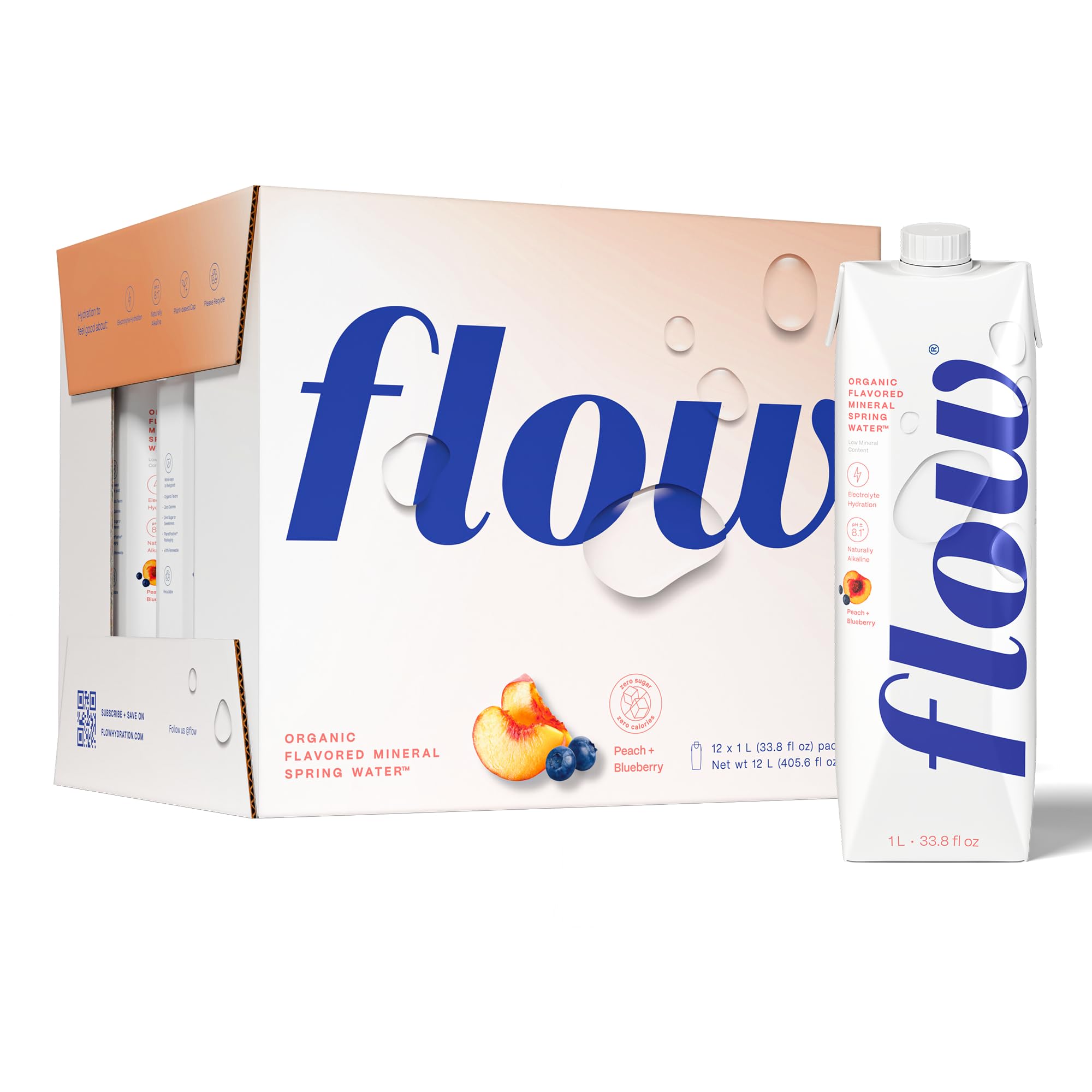 Flow front packaging showing 33.8 fl oz bottle and flavor benefits