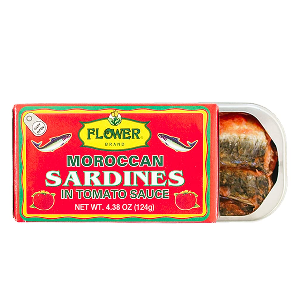 Flower brand front can view showing label and tomato sauce, convenient high-protein snack