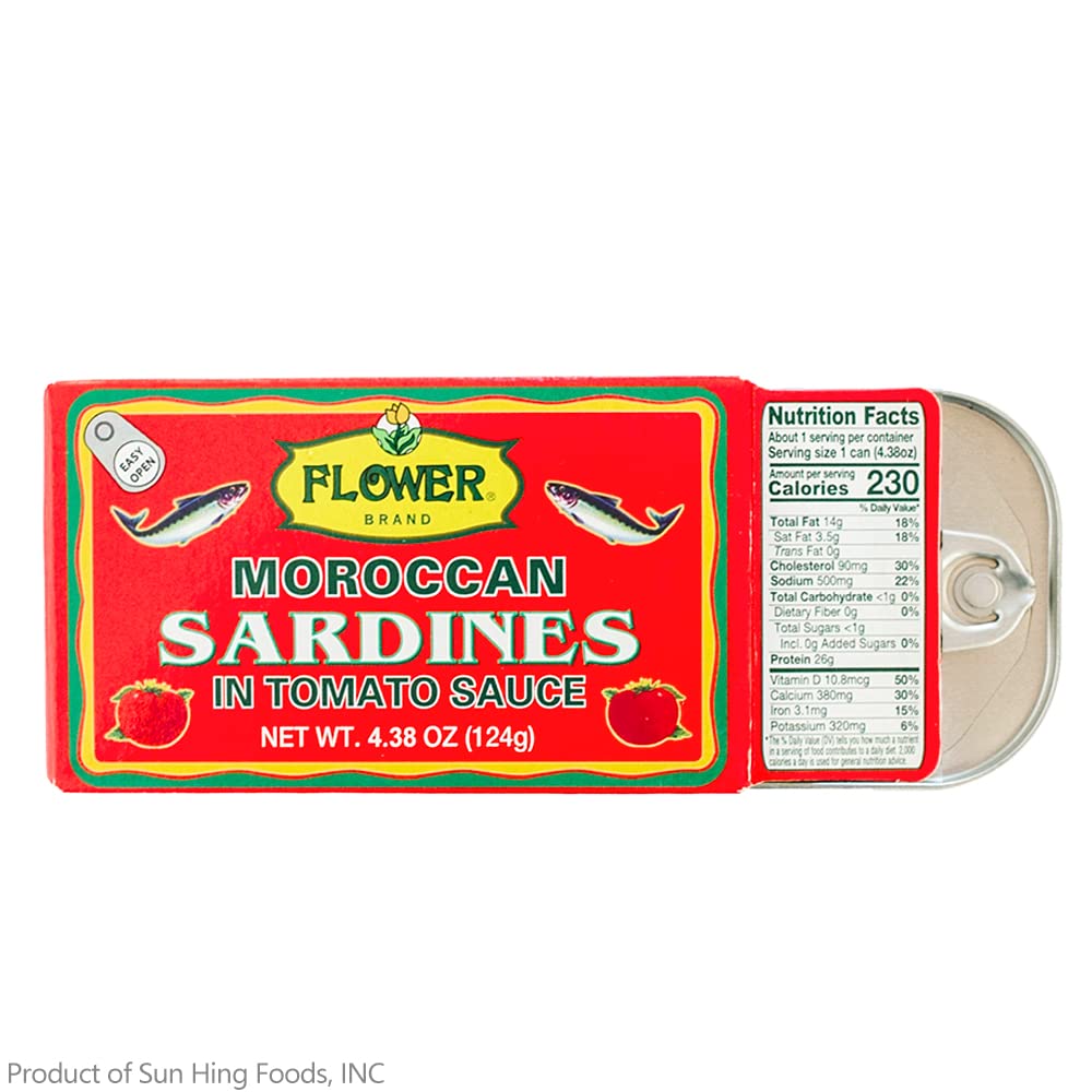 Flower can opened top view revealing sardines in tomato sauce, ready-to-eat convenience