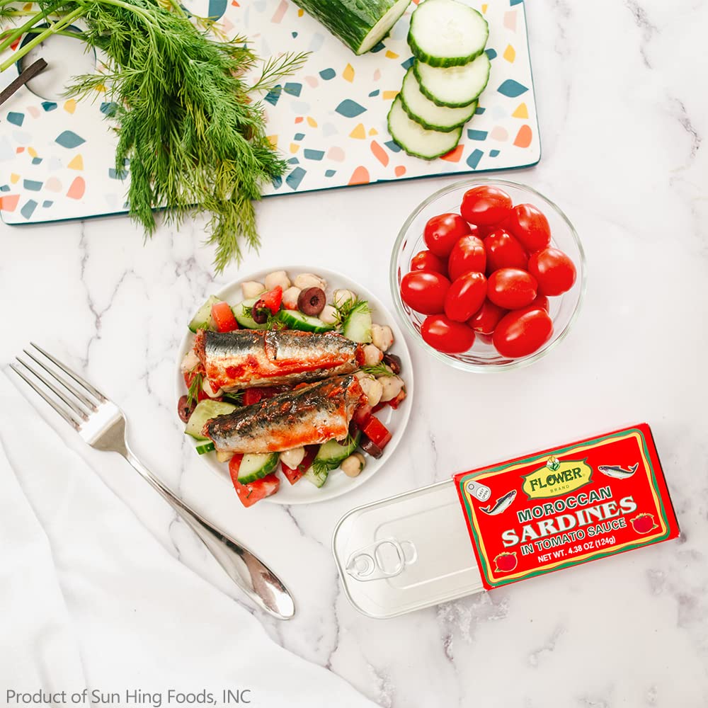 Stacked Flower sardine cans in pantry, long shelf life and dependable storage
