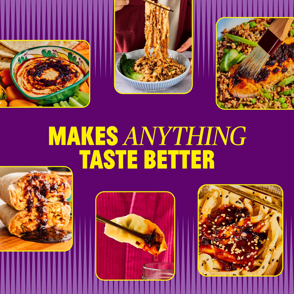 FLYBYJING sauce drizzled over noodles adding sweet, spicy, savory flavor