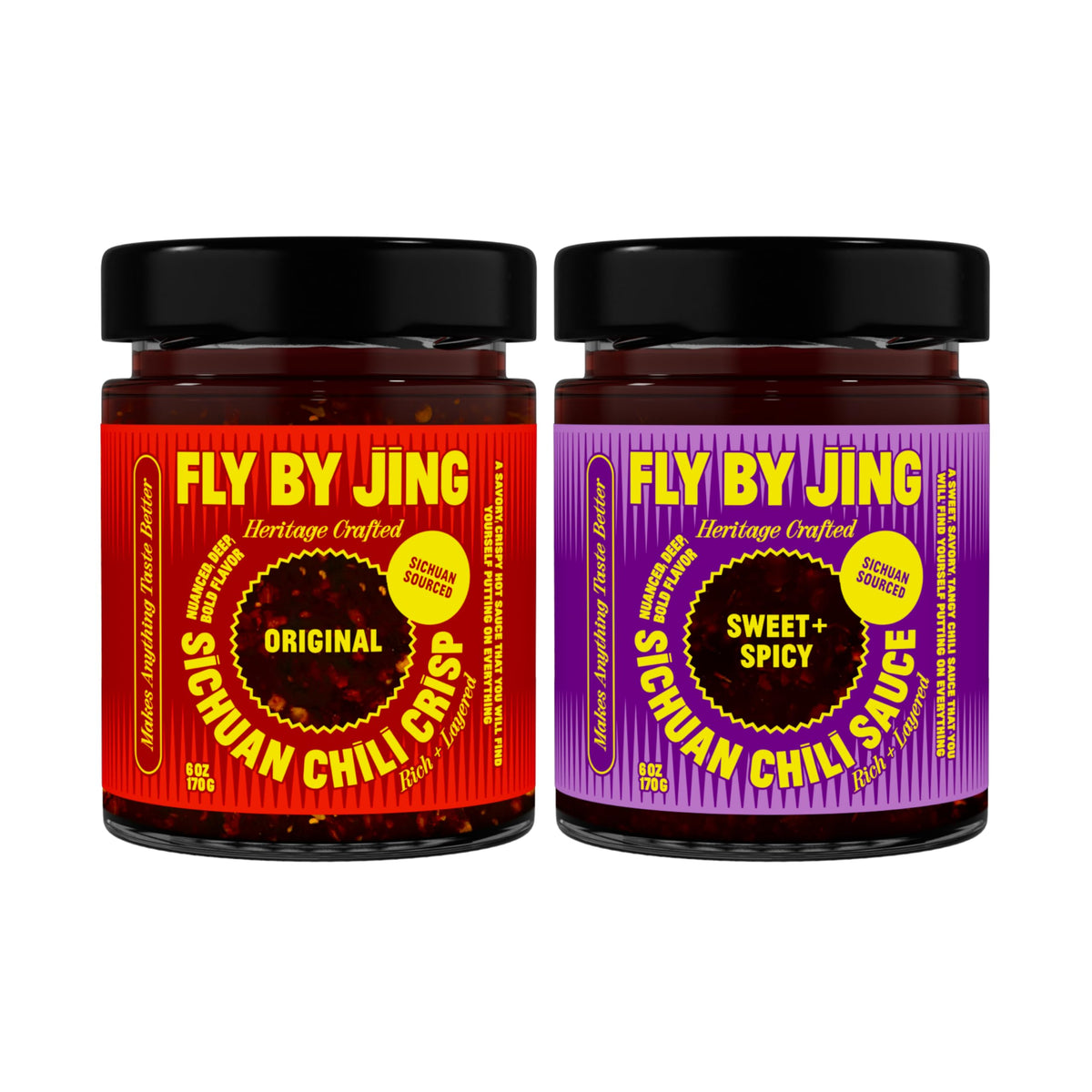 FLYBYJING front packaging duo showing both 6oz jars and bold branding for pantry appeal