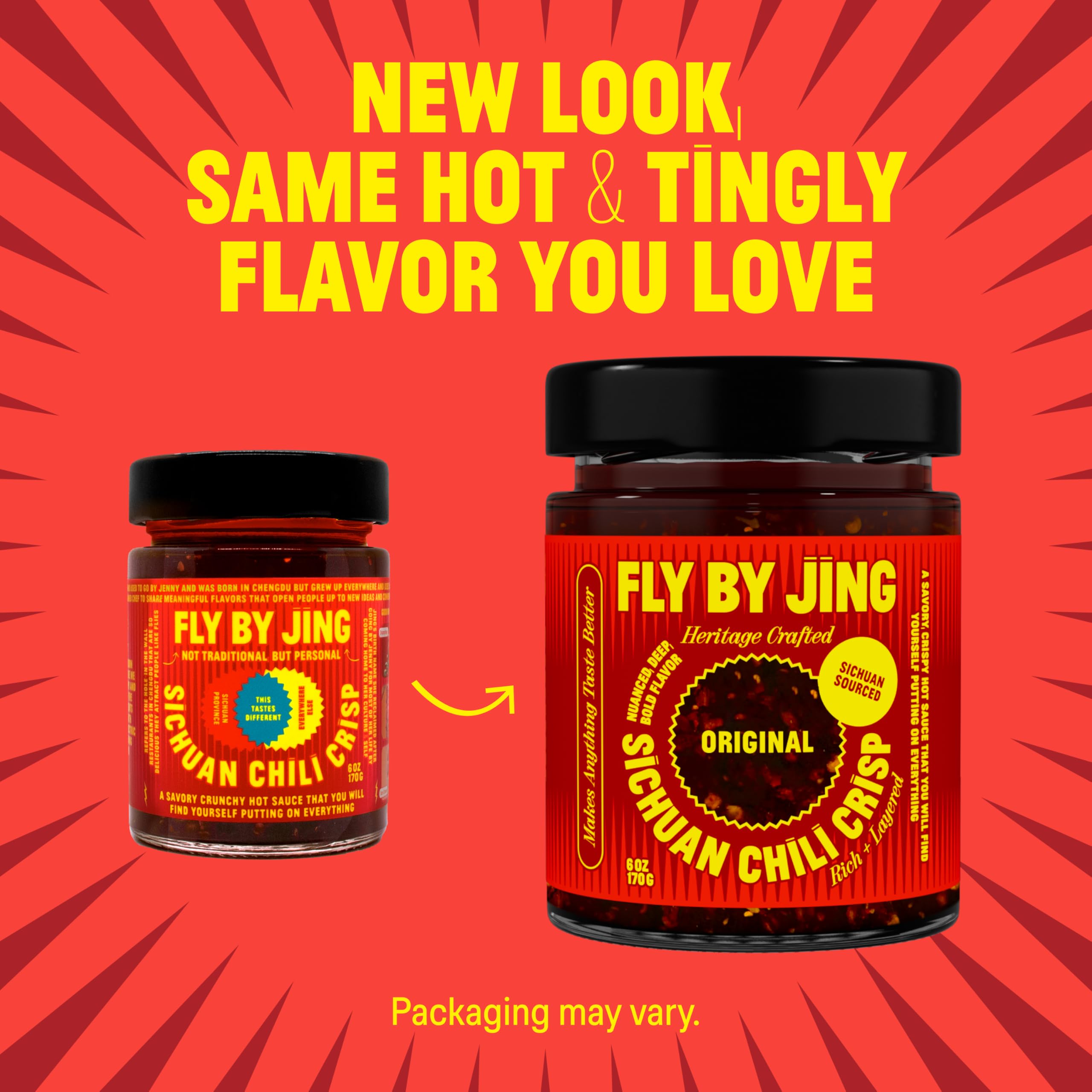 FLYBYJING label close-up showing ingredients and chef provenance, assures quality