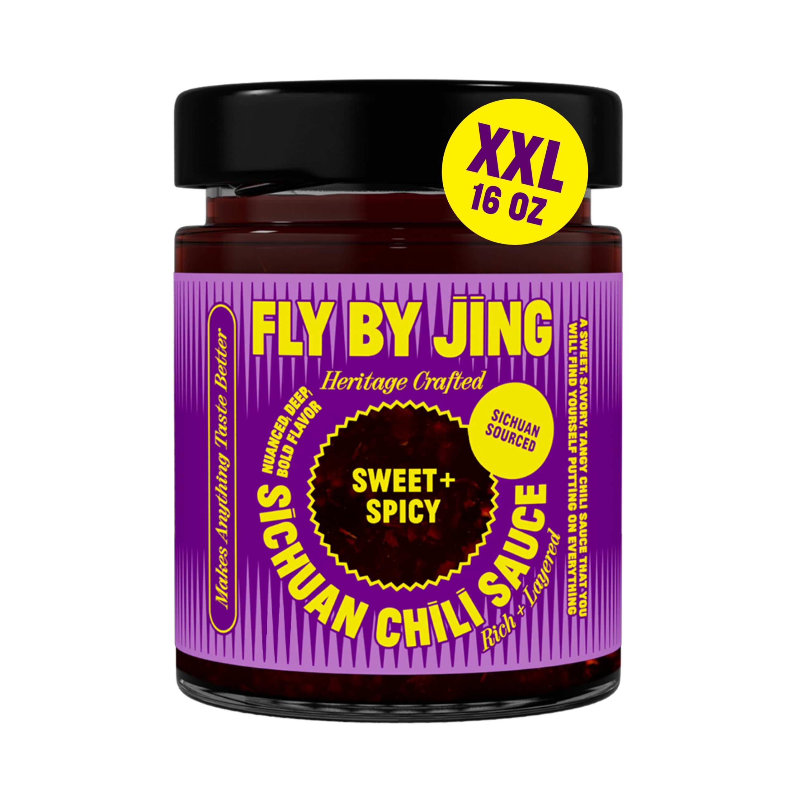 FLYBYJING jar front label showing 16oz XL bottle and bold branding for pantry benefit